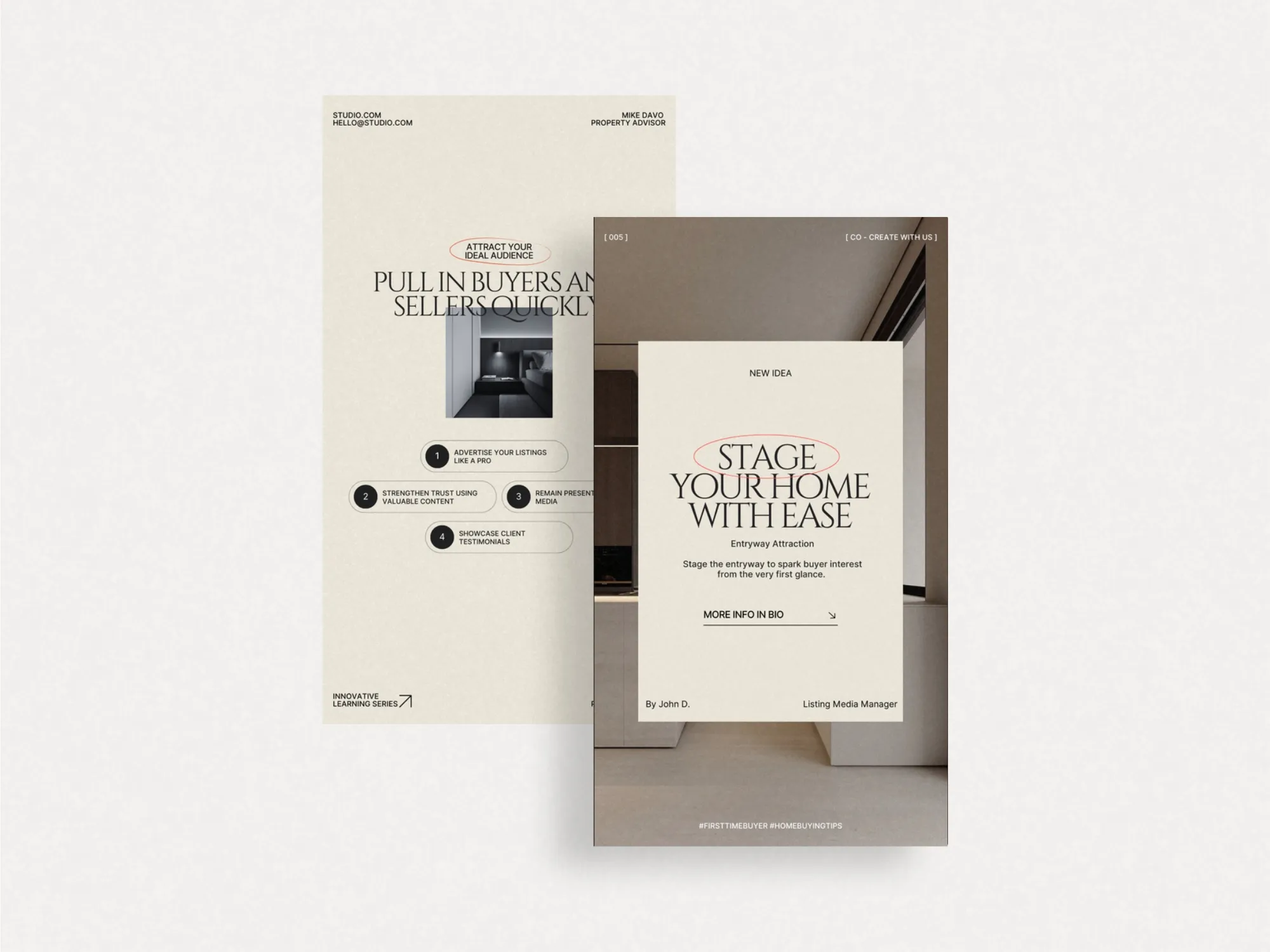 Canva-compatible real estate templates designed for Instagram, featuring visually appealing styles to promote listings and market insights seamlessly.