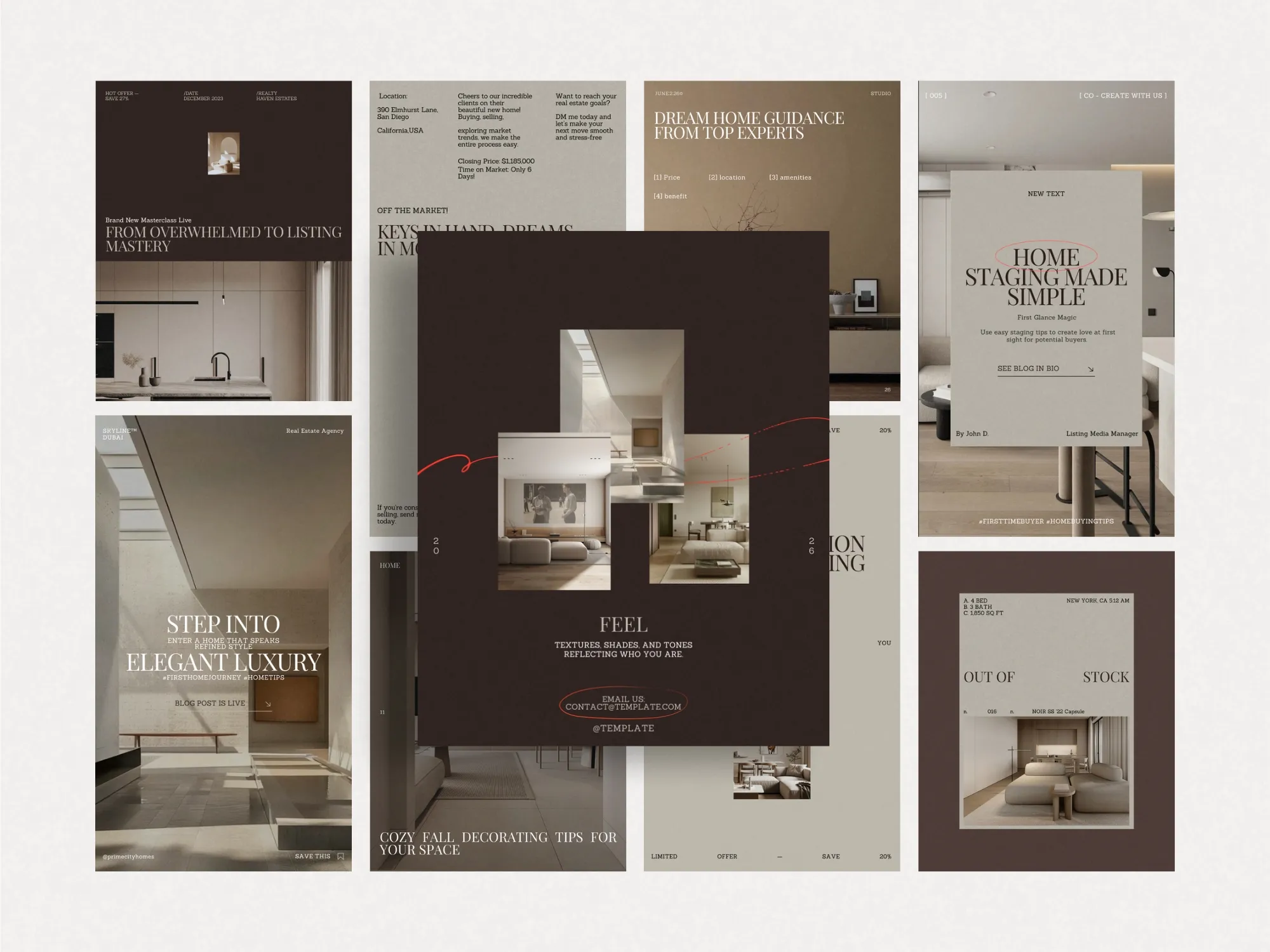 Elegant real estate post and story templates, easily editable in Canva, perfect for property managers seeking branded social media content.