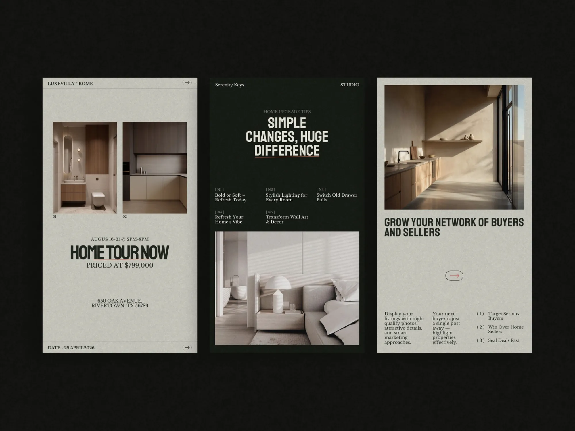 Sophisticated real estate Instagram story templates tailored for property consultants, optimized for engagement and promoting listings on social media.