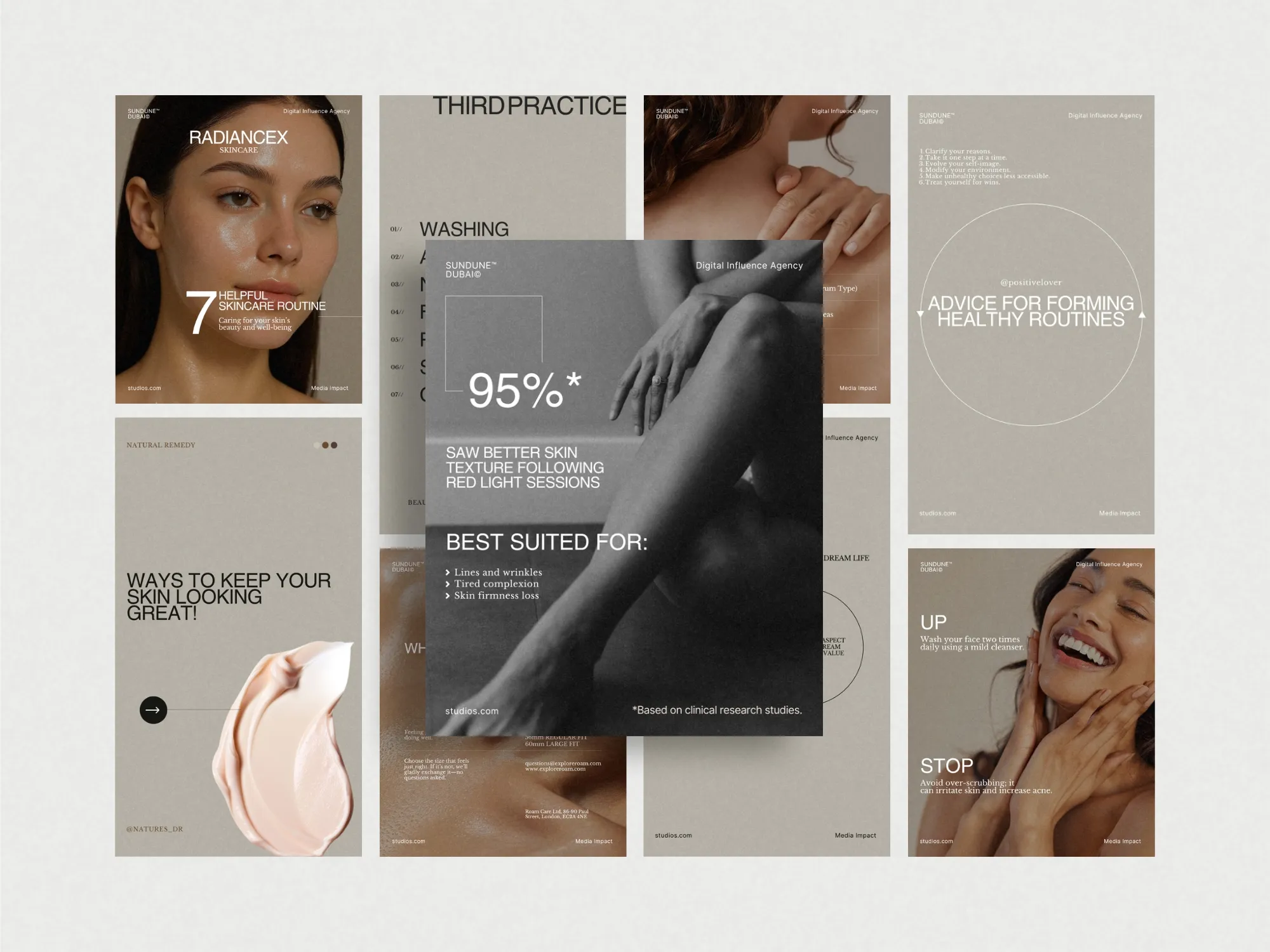 Transformative skincare Instagram post template highlighting product benefits with clean aesthetics, tailored for the Canva platform.