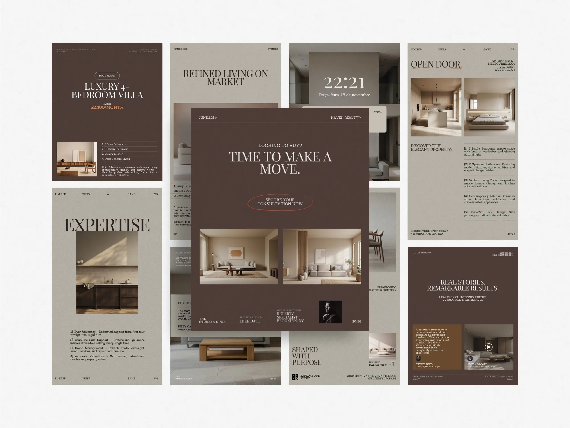 Sophisticated set of Canva real estate post templates, dimensions 1080x1350 px, ideal for engaging potential buyers, conveying brand identity.