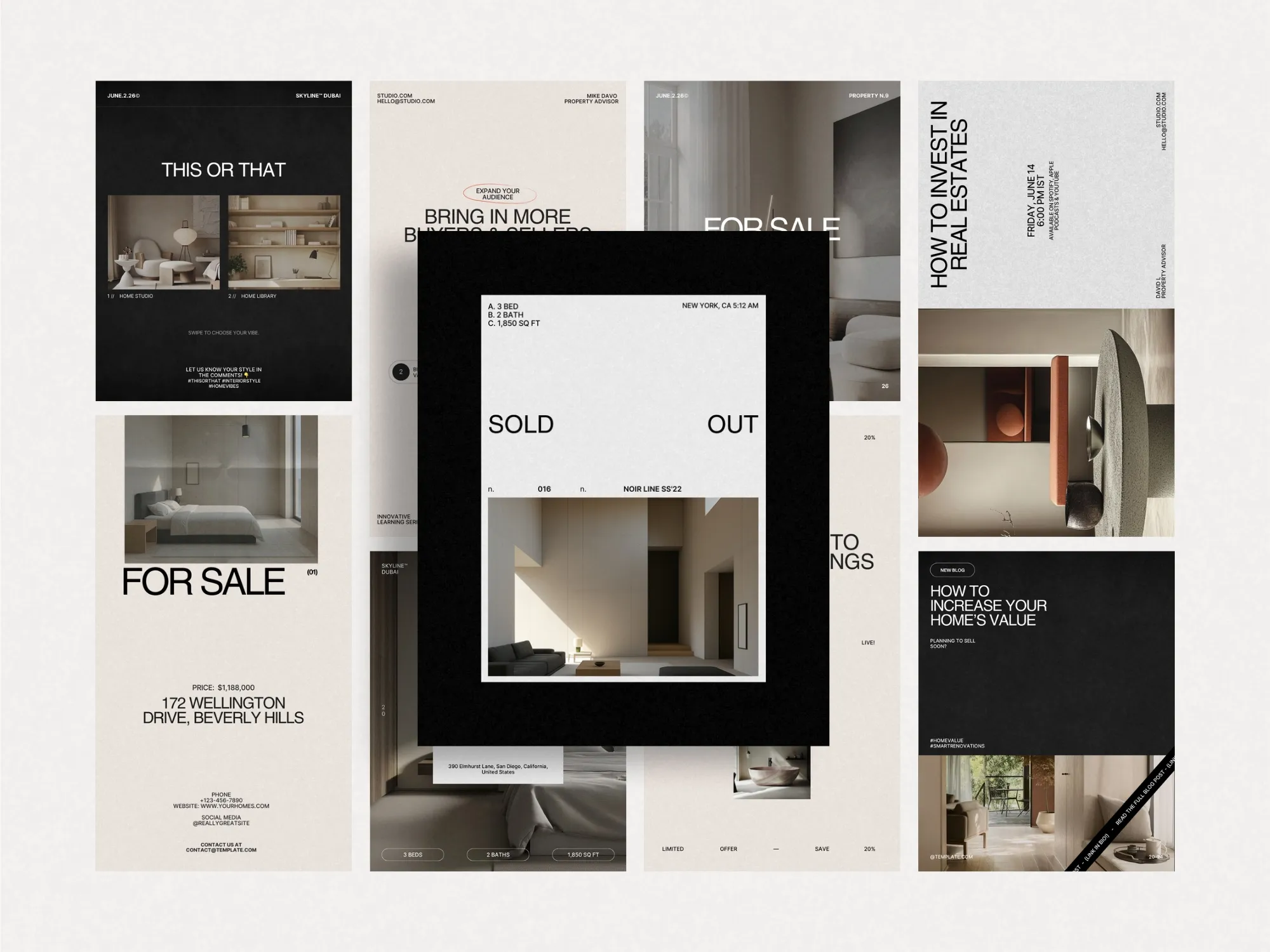 Visually appealing real estate post and story templates in Canva format, crafted for agents to enhance their online presence and branding.