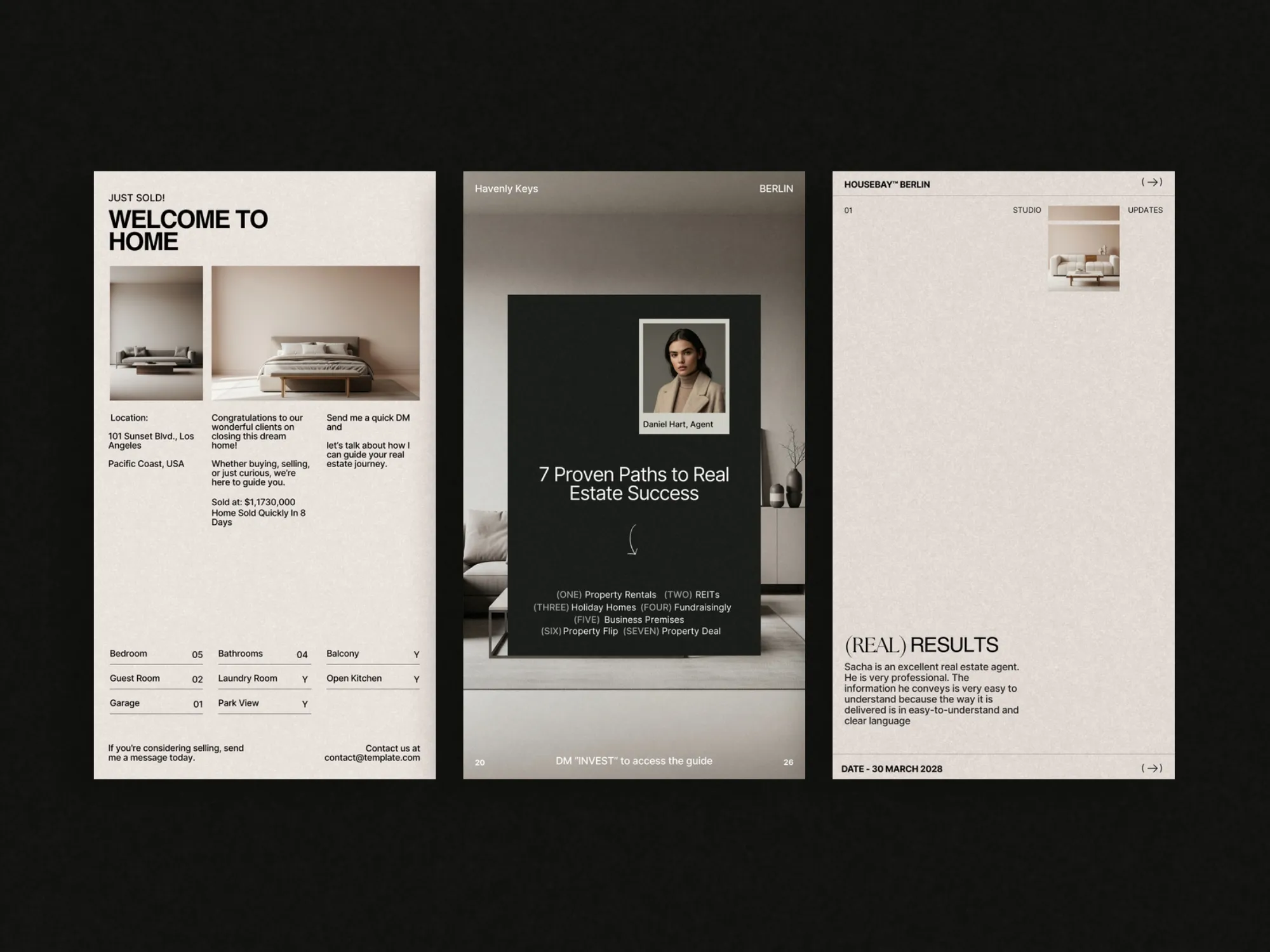Modern and sleek real estate Instagram story templates, sized at 1080x1920px, perfect for highlighting property features effortlessly.