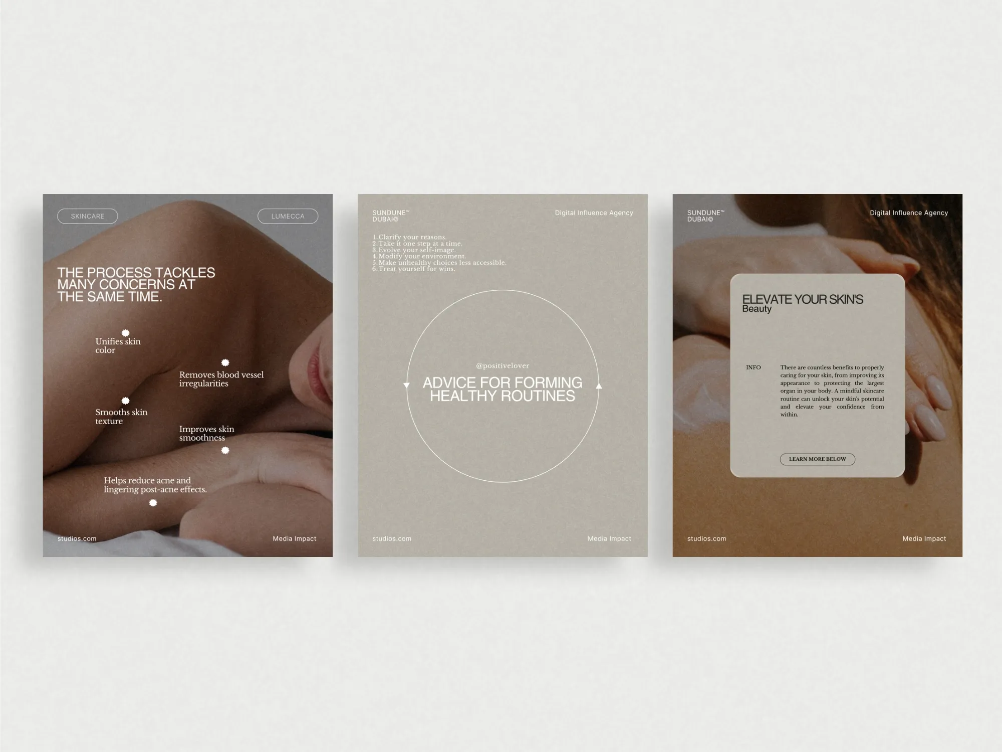 Aesthetic skincare Instagram post templates crafted for beauty businesses, featuring elegant designs that allow seamless integration into social media strategies.