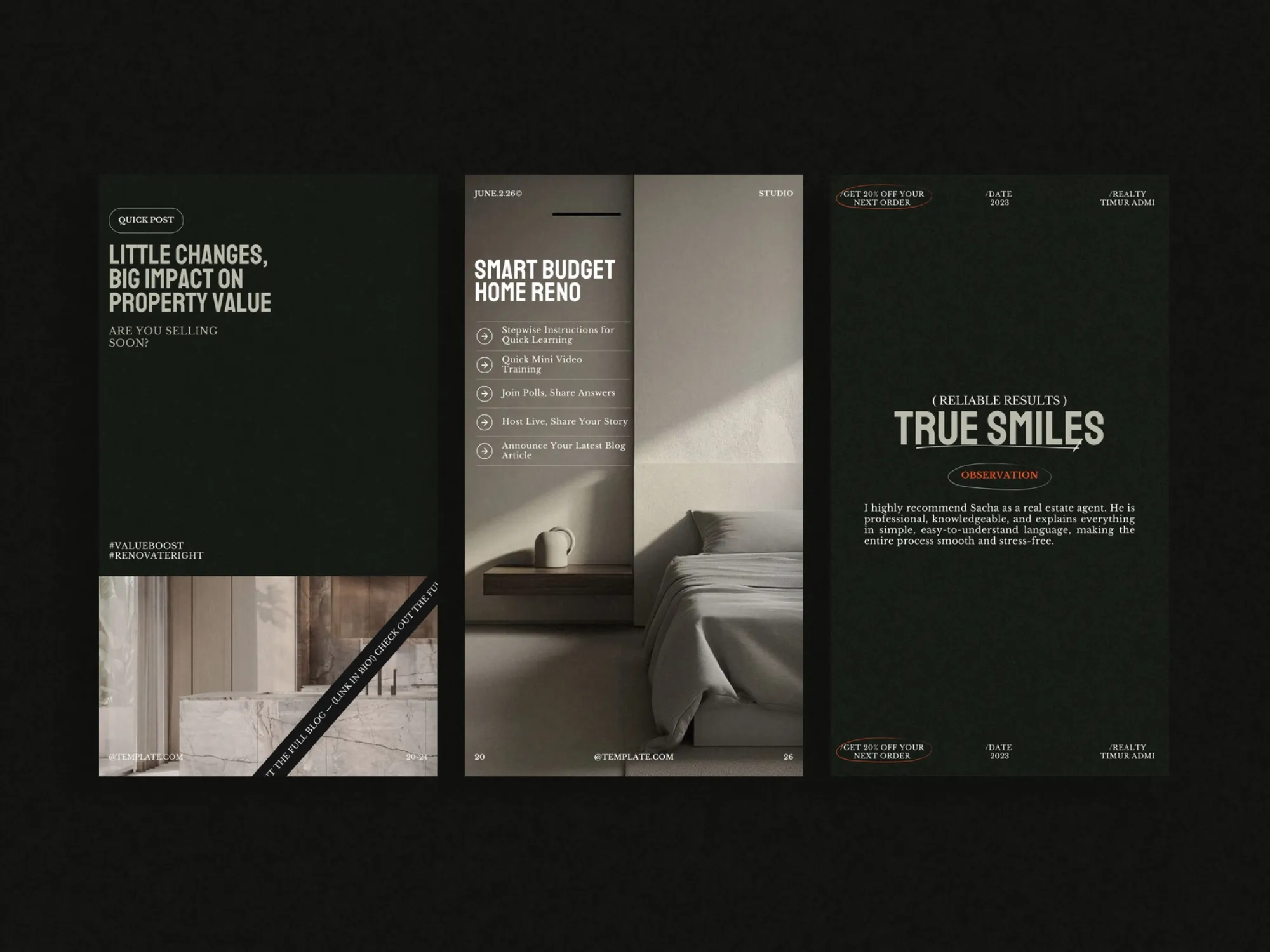 Stylish Canva property tour stories, 40 unique templates designed for real estate professionals to engage audiences with eye-catching stories and updates.