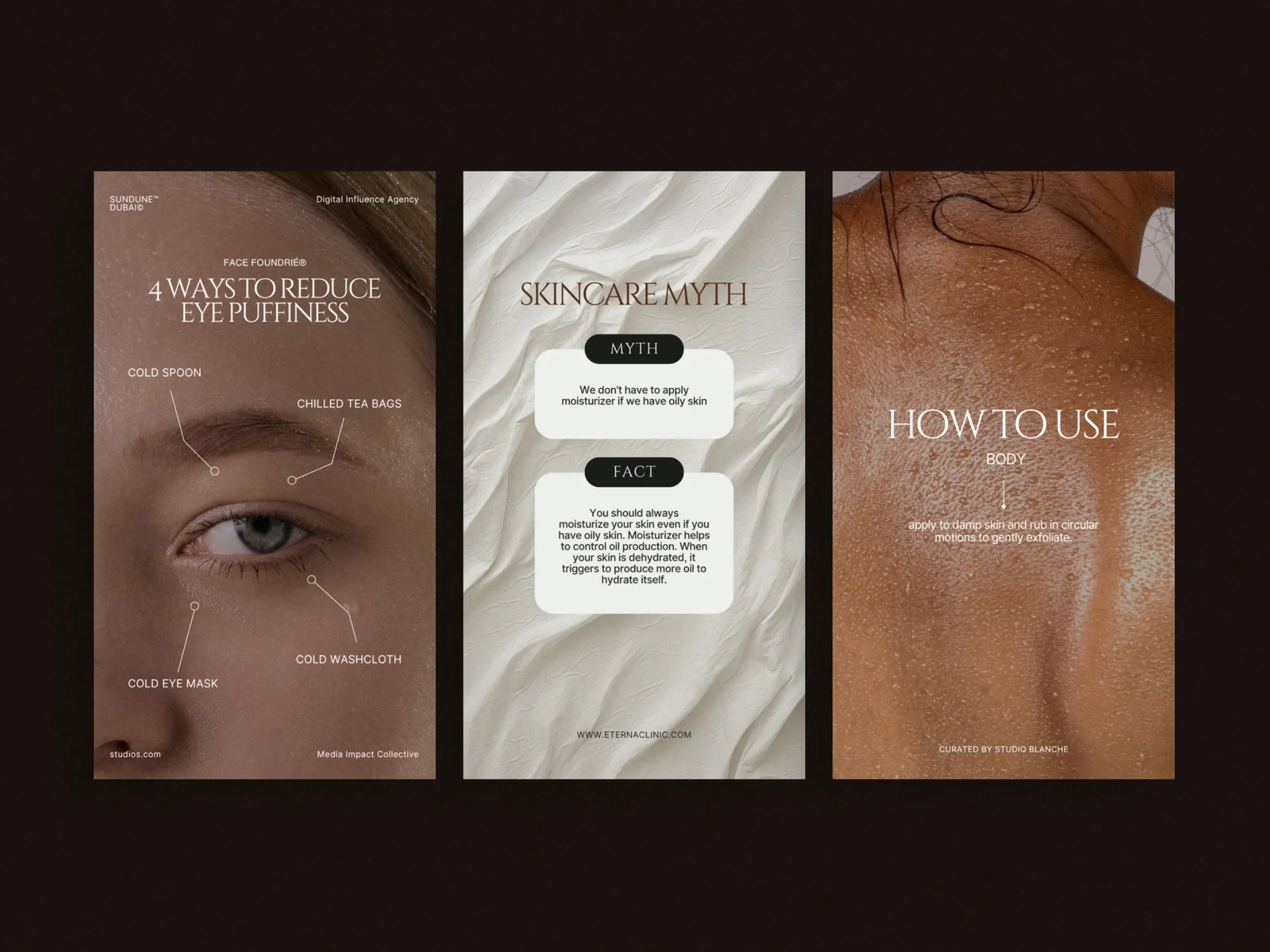 Eye-catching templates for Instagram stories, helping skincare businesses effectively communicate product benefits and self-care tips via Canva.