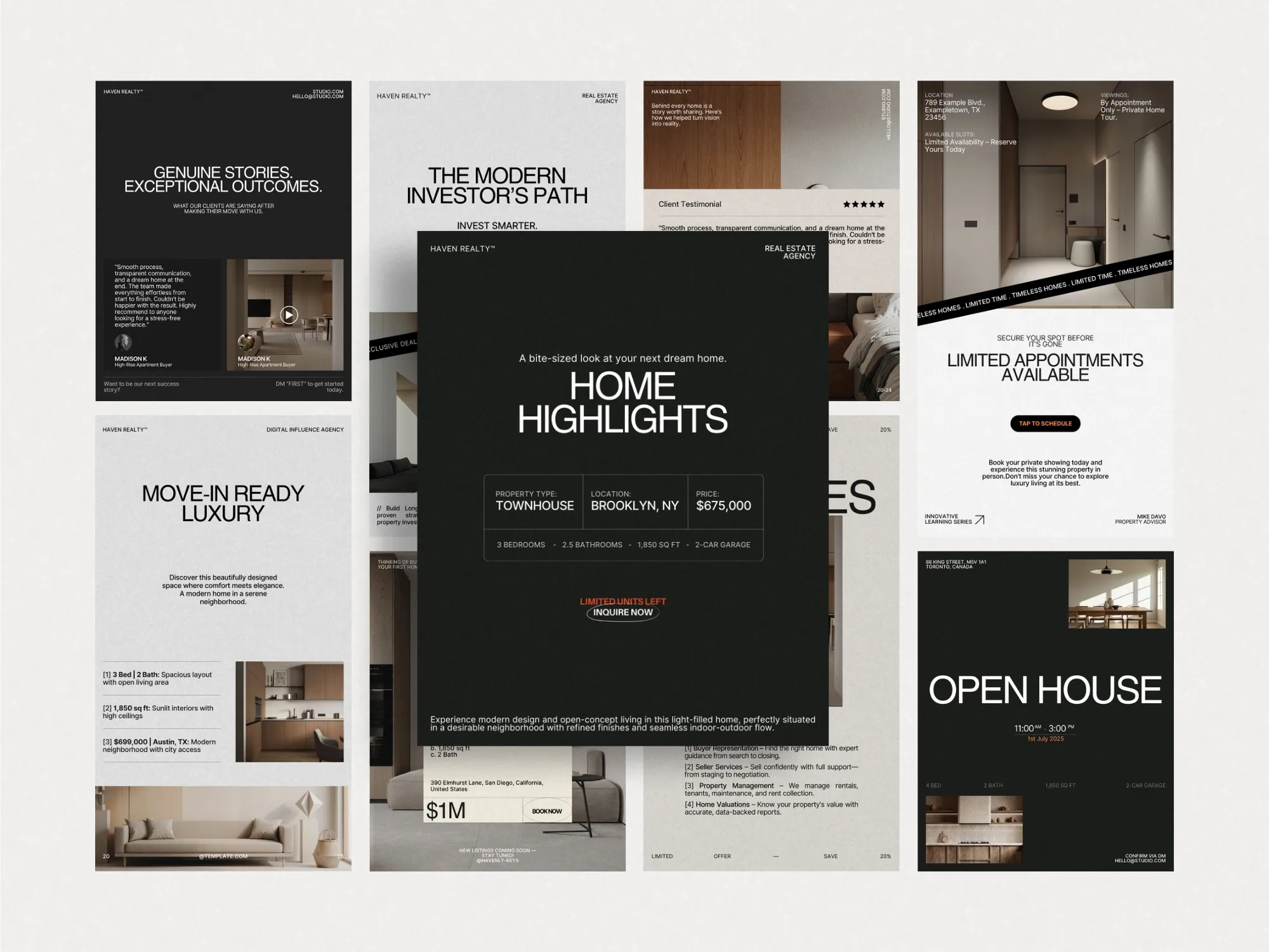 Professional-looking Instagram post templates featuring real estate-focused aesthetics; ideal for brokers and property managers to showcase listings.
