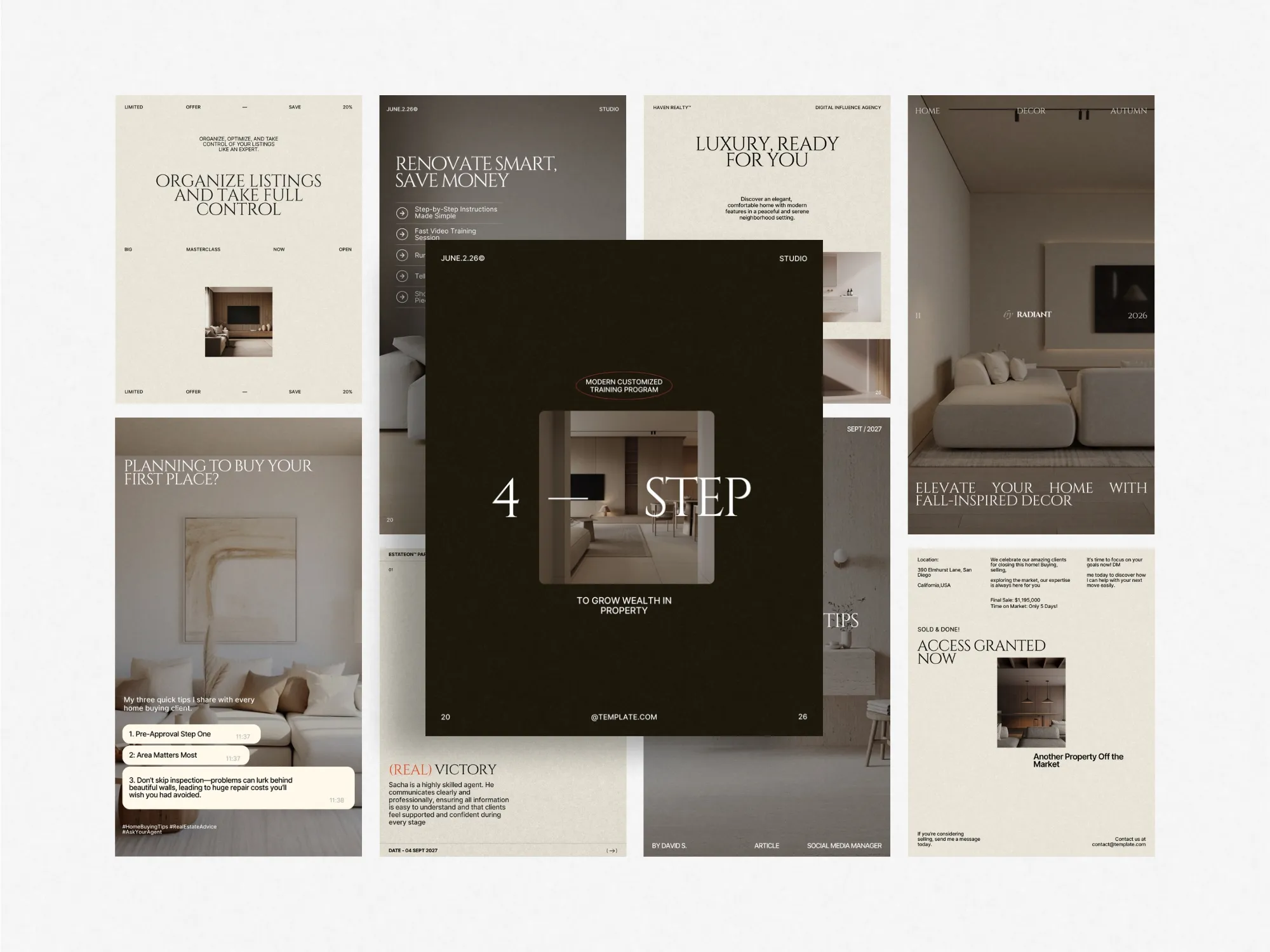 Modern Canva templates optimized for real estate marketing content, helping realtors save time while creating engaging Instagram stories and posts.