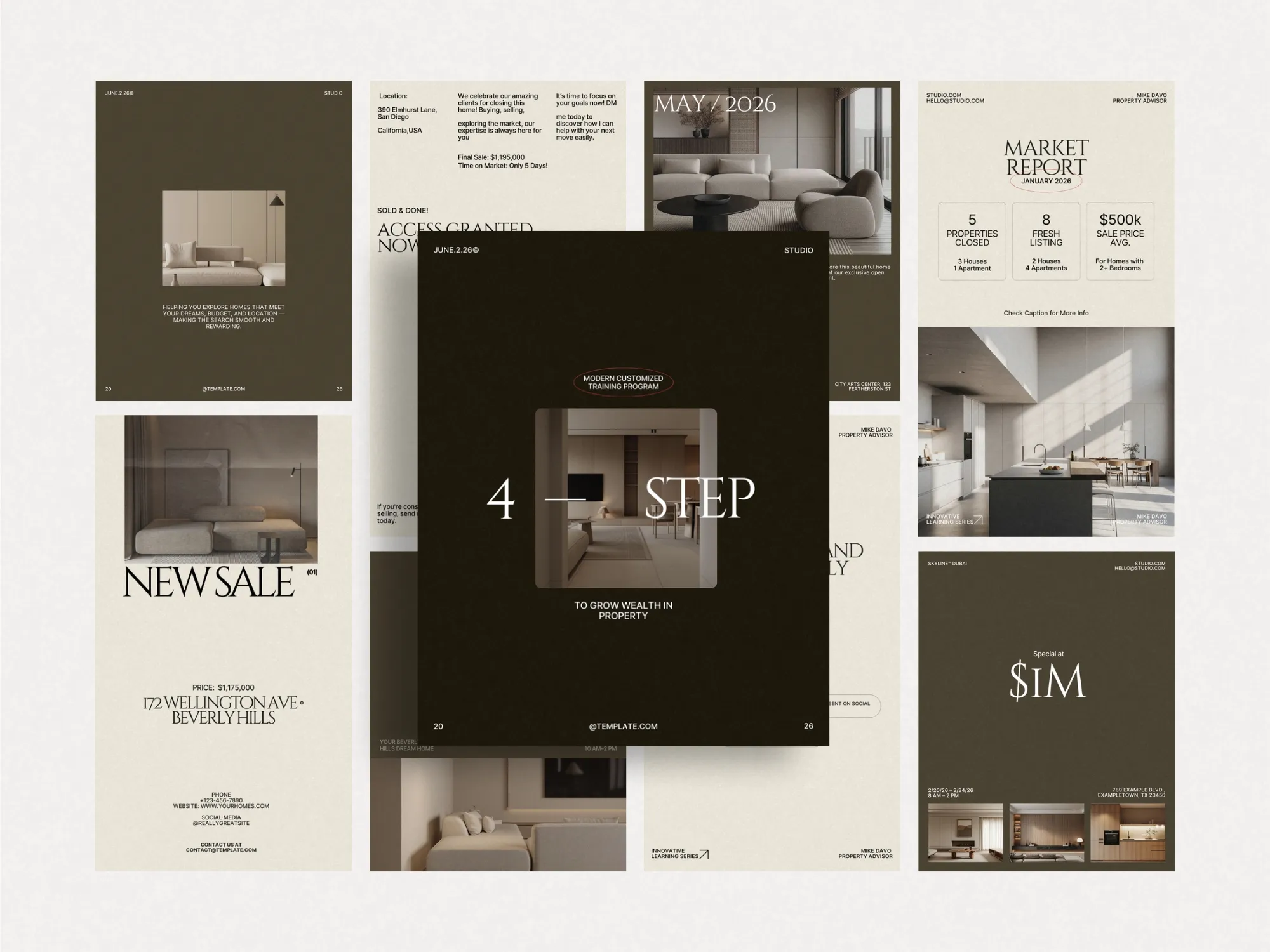 Elegant digital templates for real estate posts, allowing agents to create branded content with ease, optimized for Instagram dimensions of 1080x1350 PX.