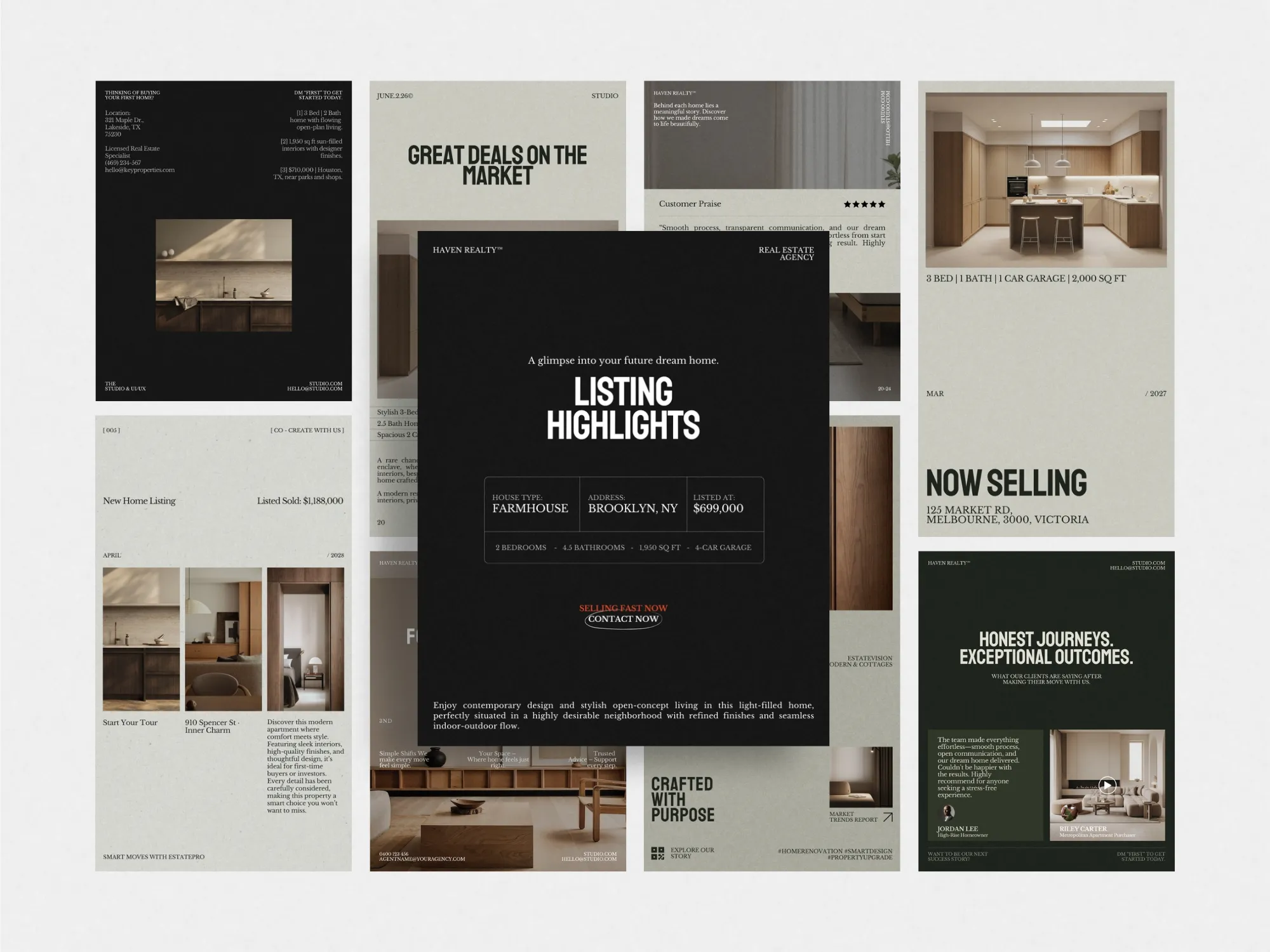 Versatile real estate post and story templates from Prapti Design, enhancing agents' social media presence with 80 unique, customizable designs.