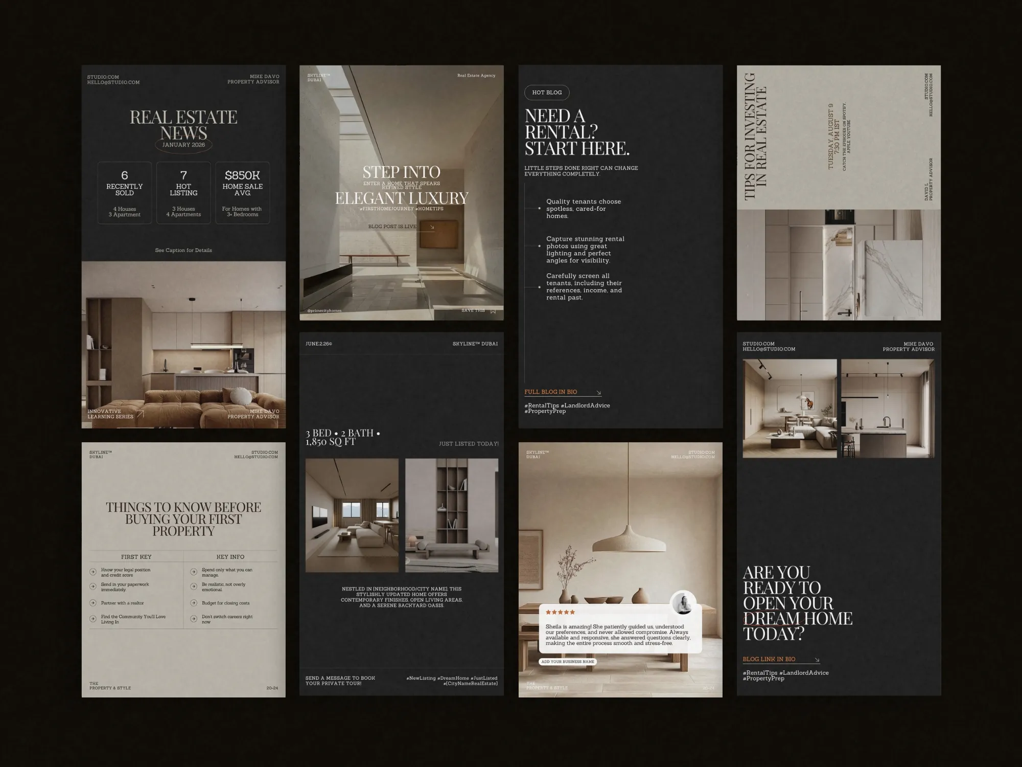 Digital download of real estate Instagram templates, promoting listings with clean aesthetics and uniform branding across platforms.
