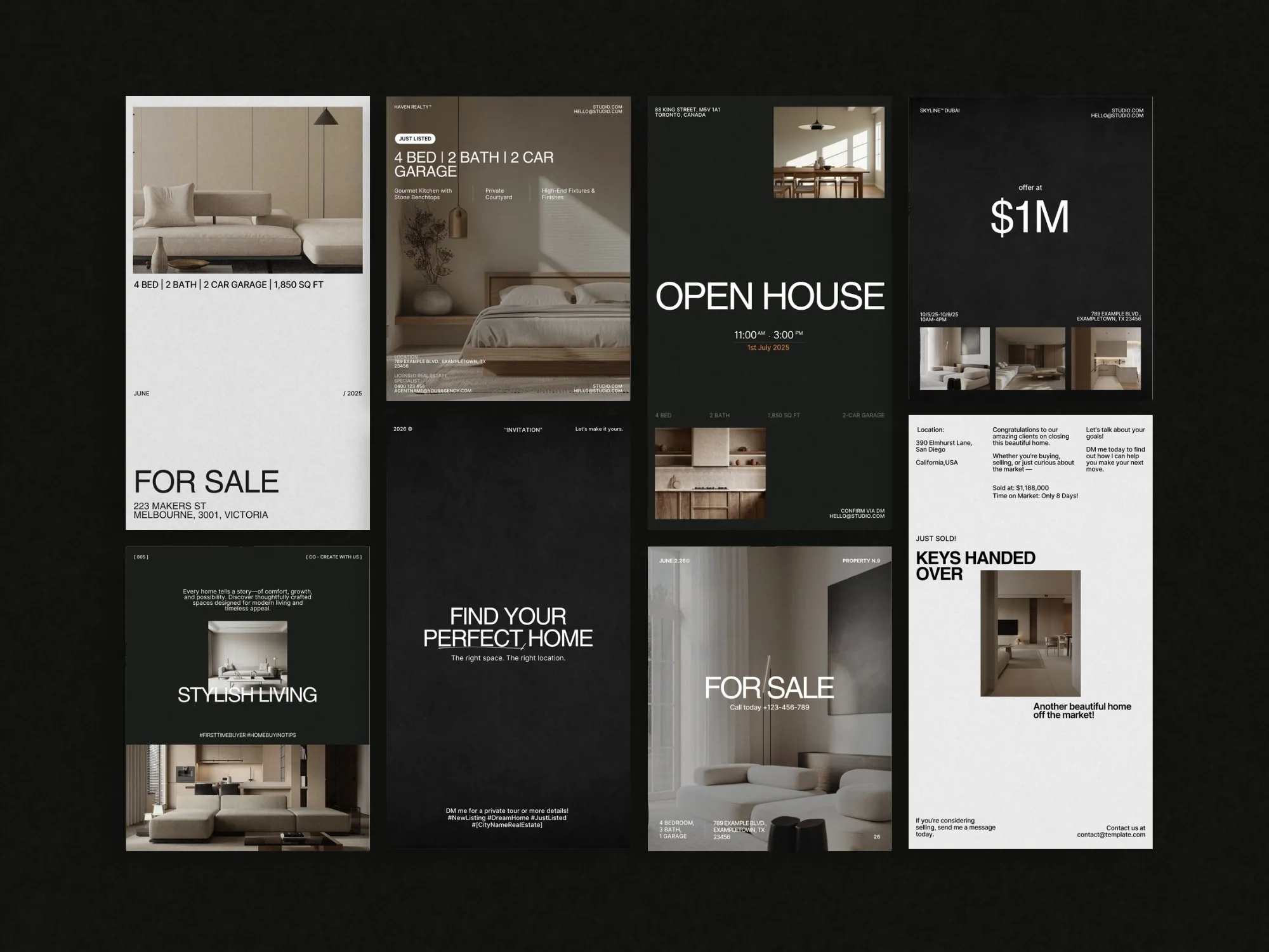 Attractive 1080x1350 px Instagram post layouts designed to captivate viewers, enhancing realtor marketing content with vibrant, editable features.