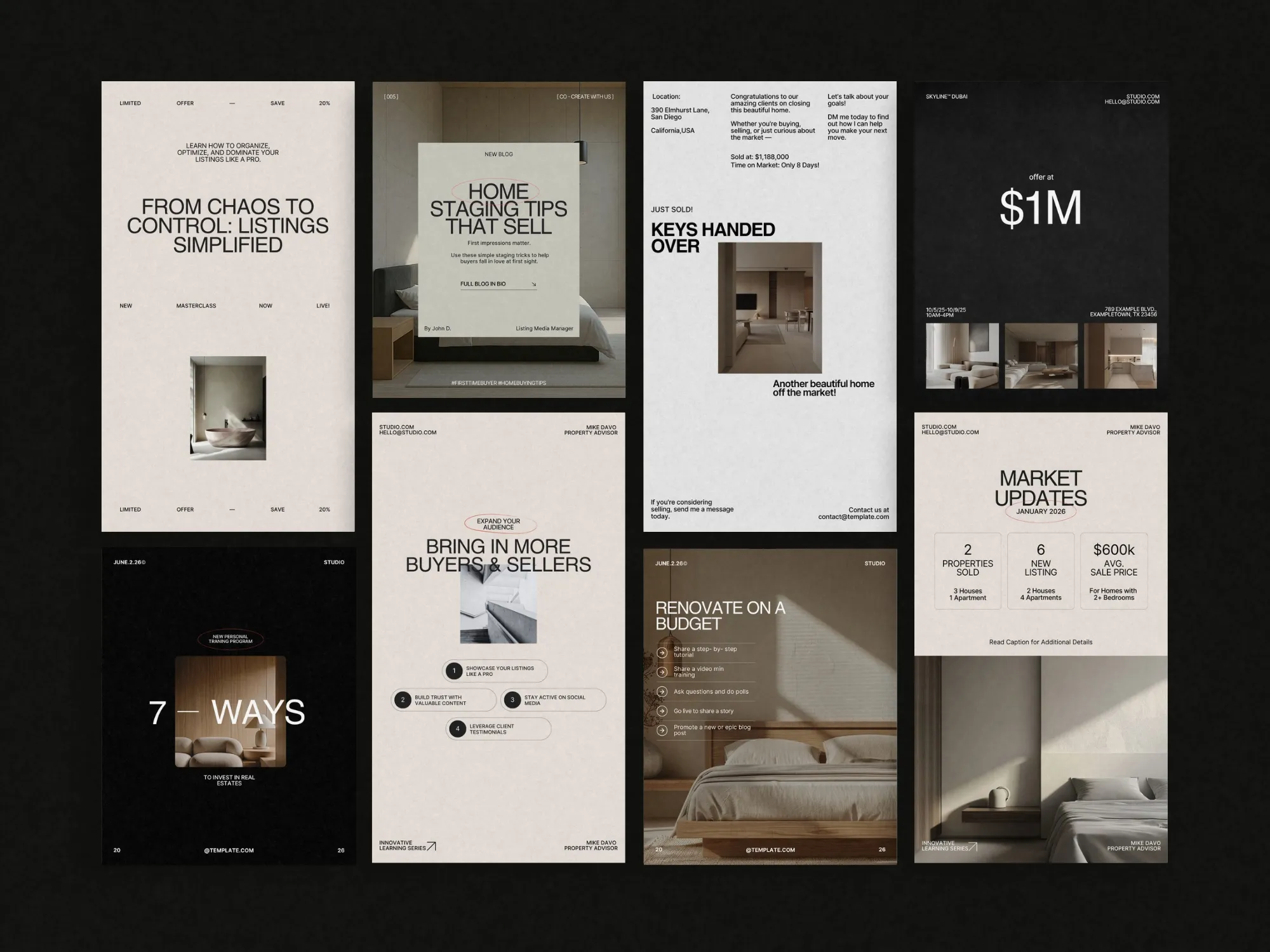 Chic Instagram story templates for real estate, created to help agents share listings and engage with potential buyers on social media.