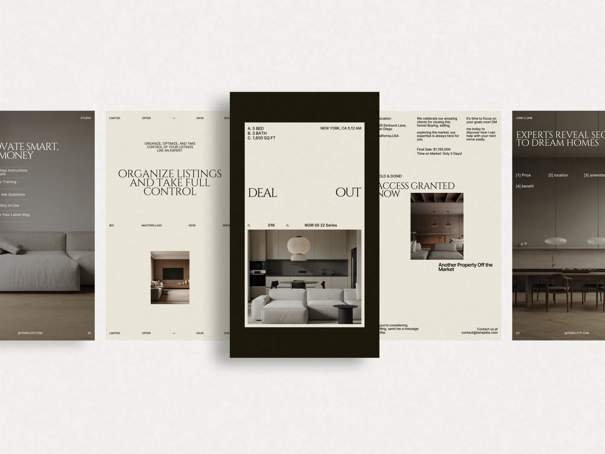 Vibrant and professional Instagram story templates for real estate agents, perfect for highlighting market fluctuations and property showcases, 1080x1920 PX.