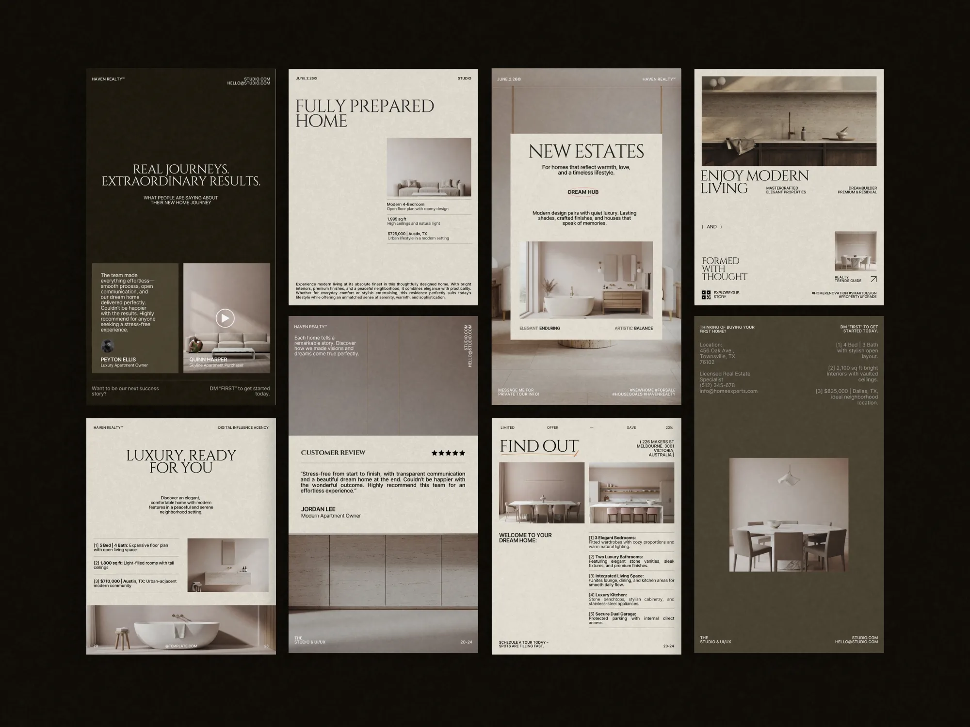 Digital pack of 80 real estate post templates at 1080x1350 PX, ideal for brokers seeking professional and branded content for social media.