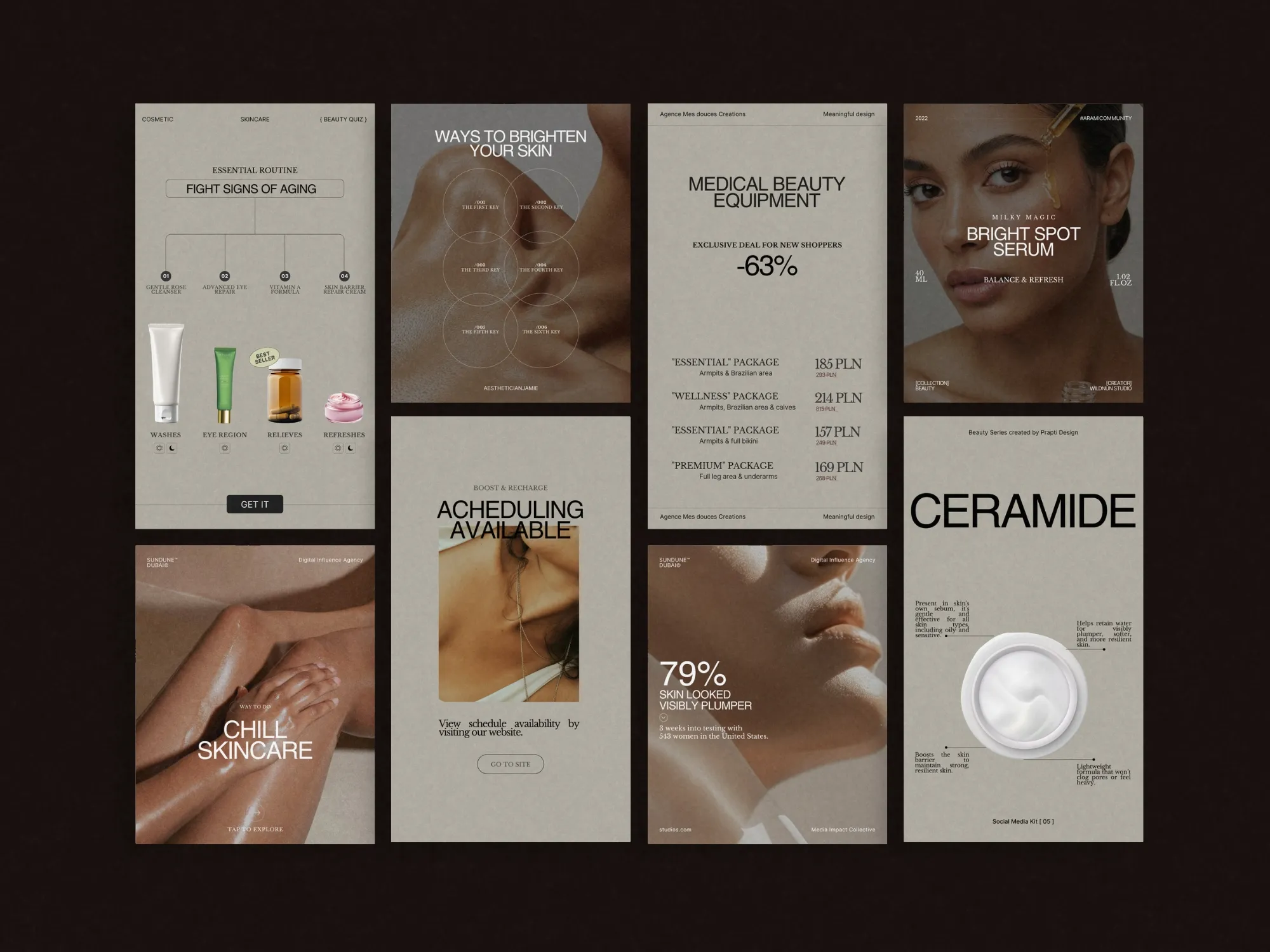 70 unique skincare post and story templates, designed in Canva, to elevate beauty brands' social media presence with professional aesthetics.