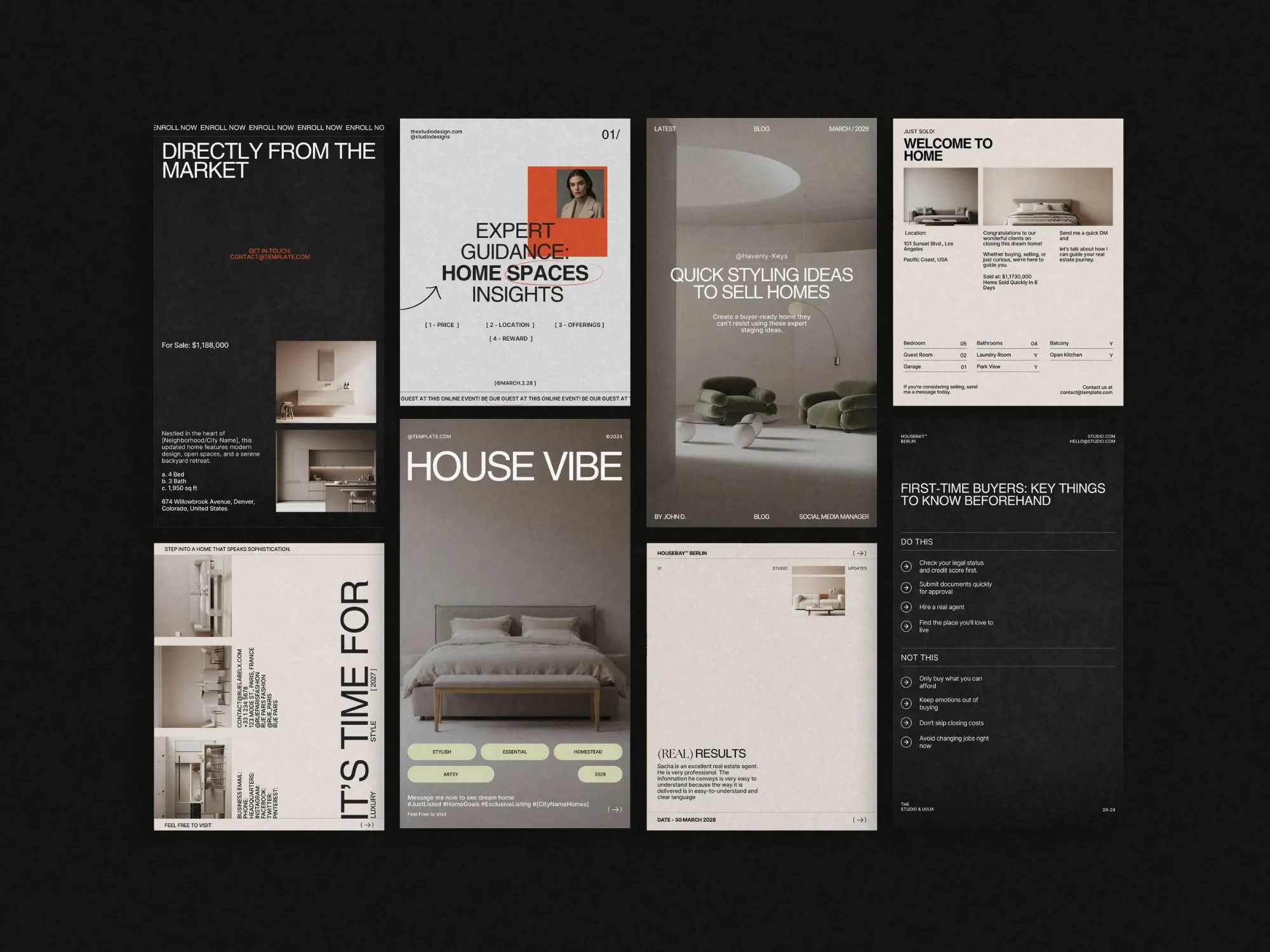 Real estate content pack showcasing 1080x1350 px templates, combining clean aesthetics with branding for an impactful online presence.