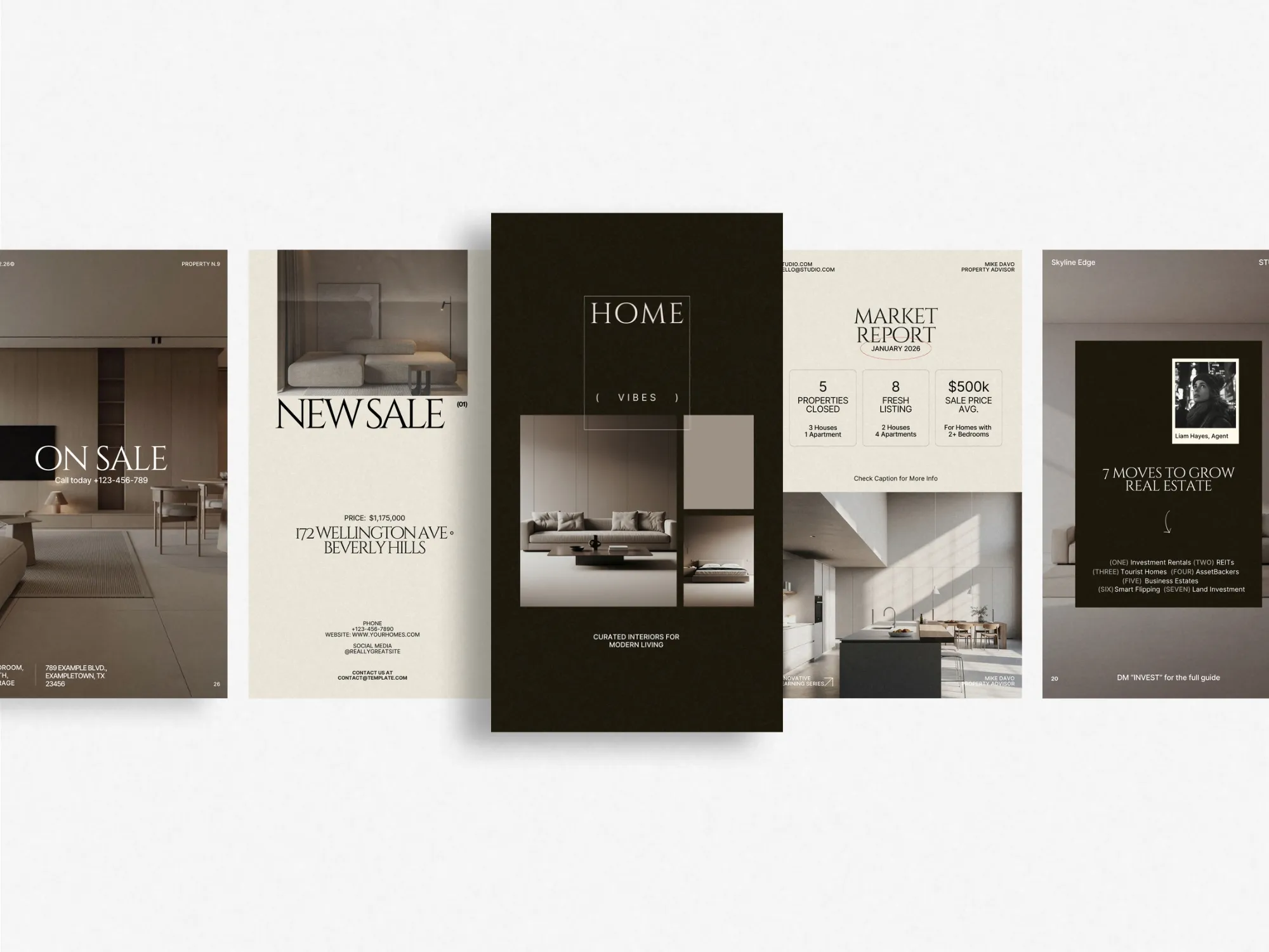 Customizable Canva templates designed for realtors, featuring eye-catching layouts for Instagram property tours and promotional announcements.