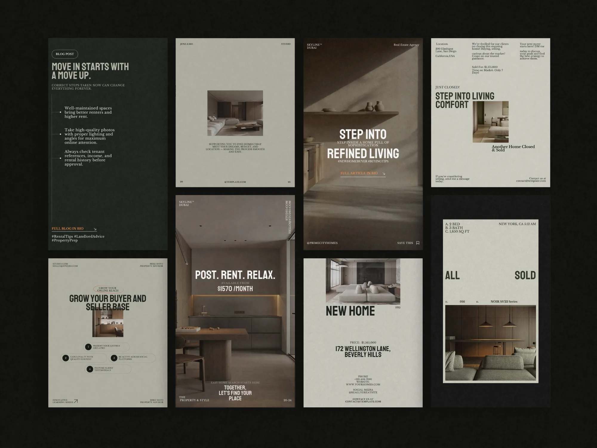 Comprehensive 80-piece real estate post and story content pack in visually appealing 1080x1350 PX designs for brand cohesion on Instagram.