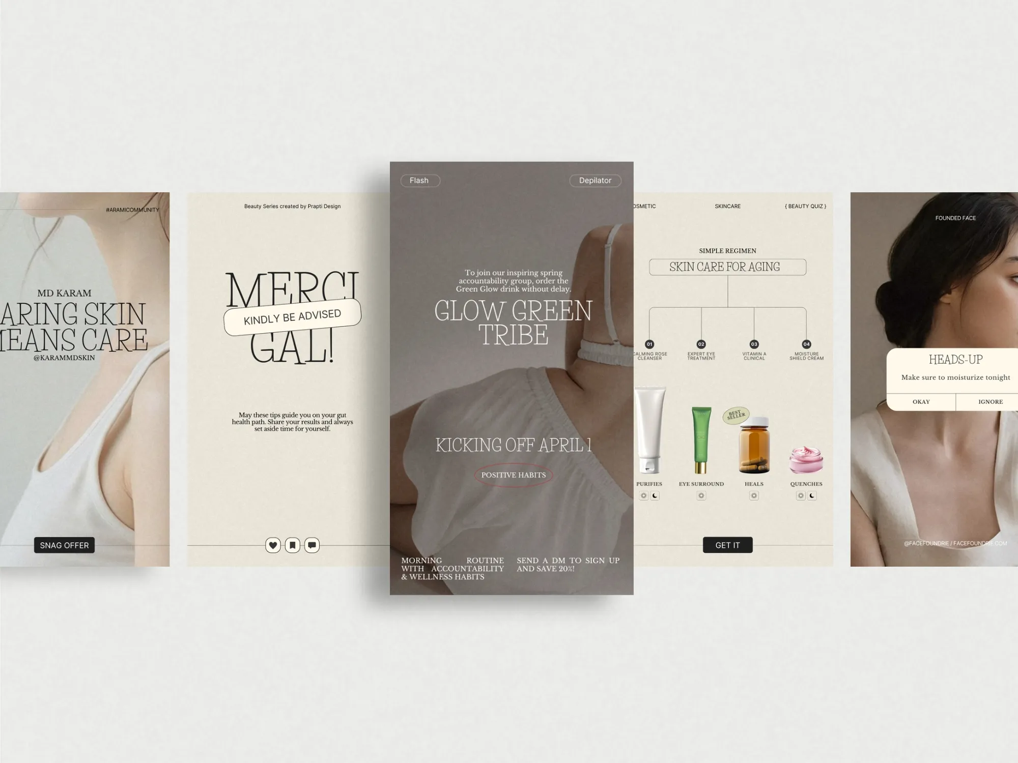 Sleek Skincare Instagram story templates in 1080x1920 PX, tailored for cosmetic sellers to present products and offers aesthetically on social media.