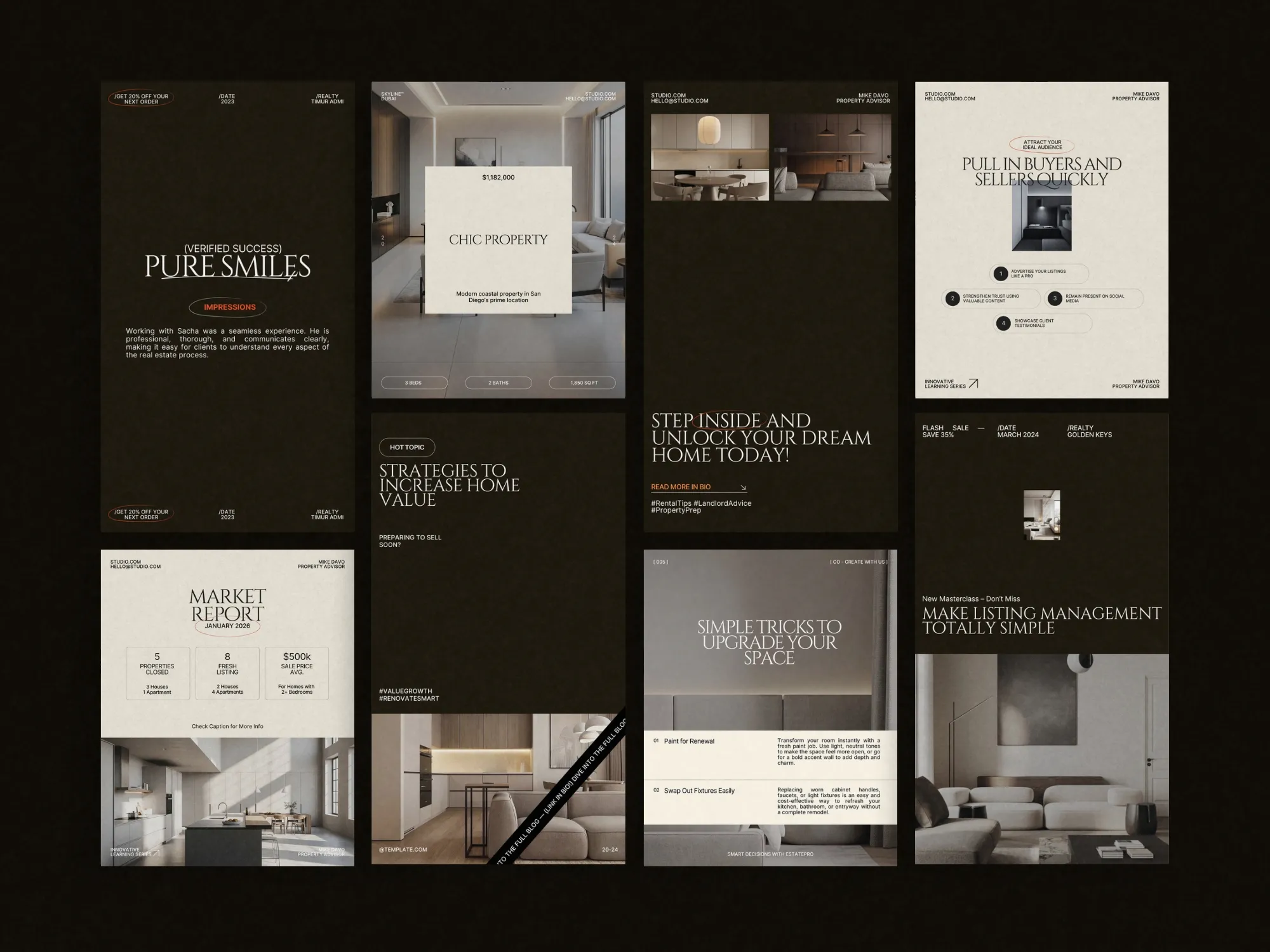 Versatile Canva-designed formats for real estate Instagram posts, promoting branding and professional aesthetics in a user-friendly 1080x1350 PX layout.