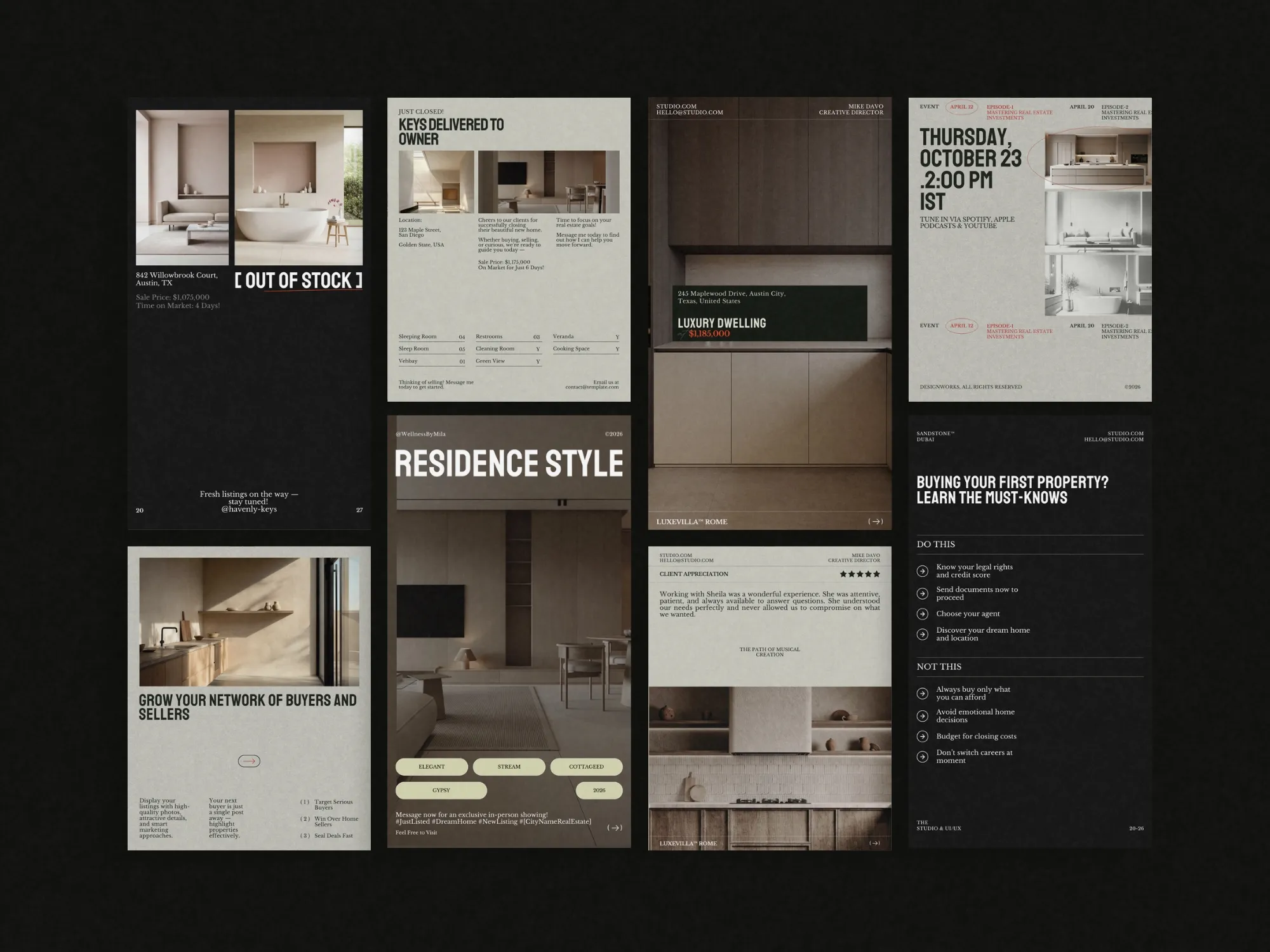 Canva-ready real estate content pack featuring sleek templates ideal for highlighting property features, engaging visuals at 1080x1350 PX and 1080x1920 PX.