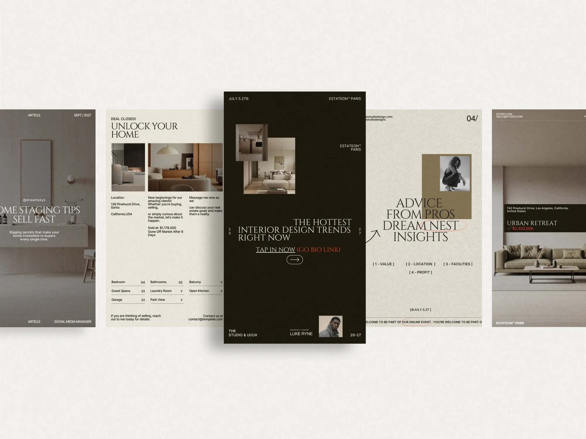 Dynamic Instagram story templates for realtors, featuring contemporary aesthetics, perfect for increasing engagement and showcasing new listings.