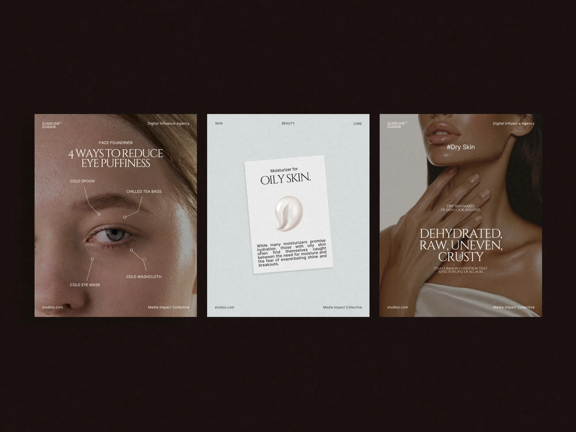 Chic and professional Canva social media templates for skincare brands, facilitating seamless showcasing of products and testimonials.