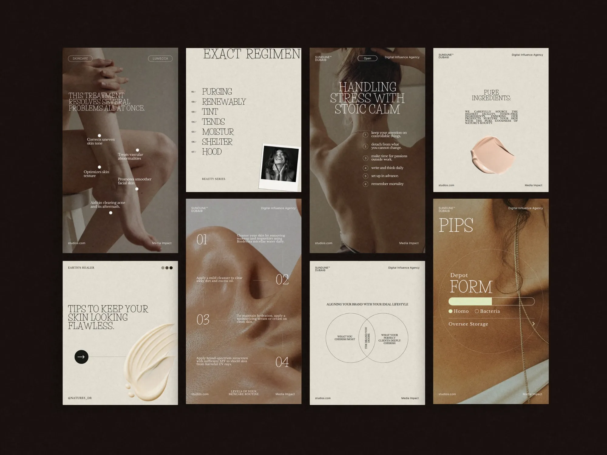 Versatile Canva story templates for skincare brands, emphasizing beauty routines and promotions with a polished and engaging look.