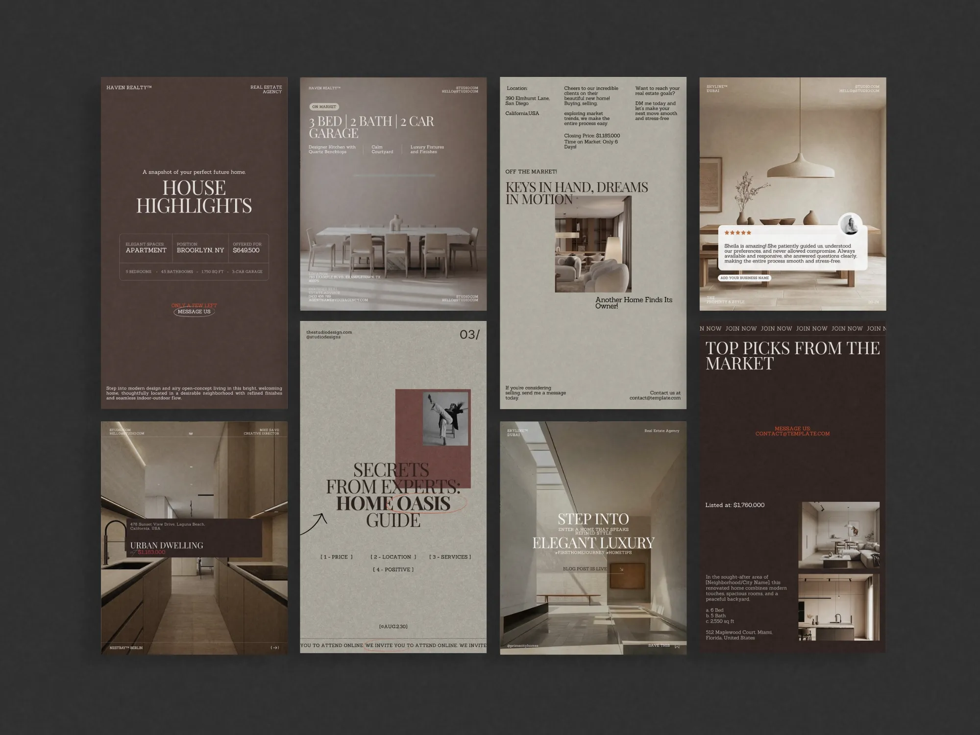 Dynamic collection of real estate Instagram post & story templates that save time while providing a polished look for social media marketing.