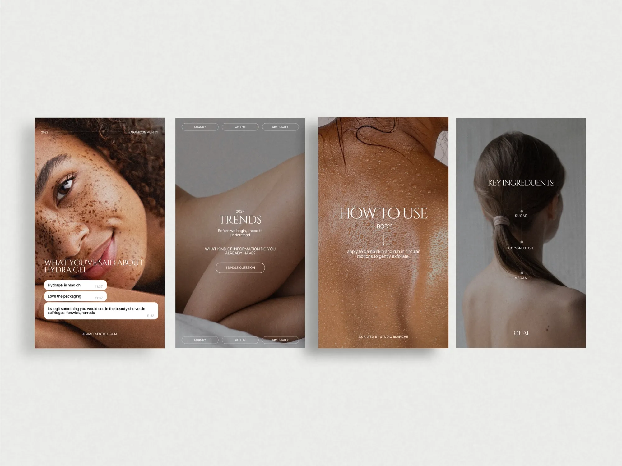 Versatile editable story templates in Canva for skincare brands, enhancing product promotions and tips with a professional aesthetic.