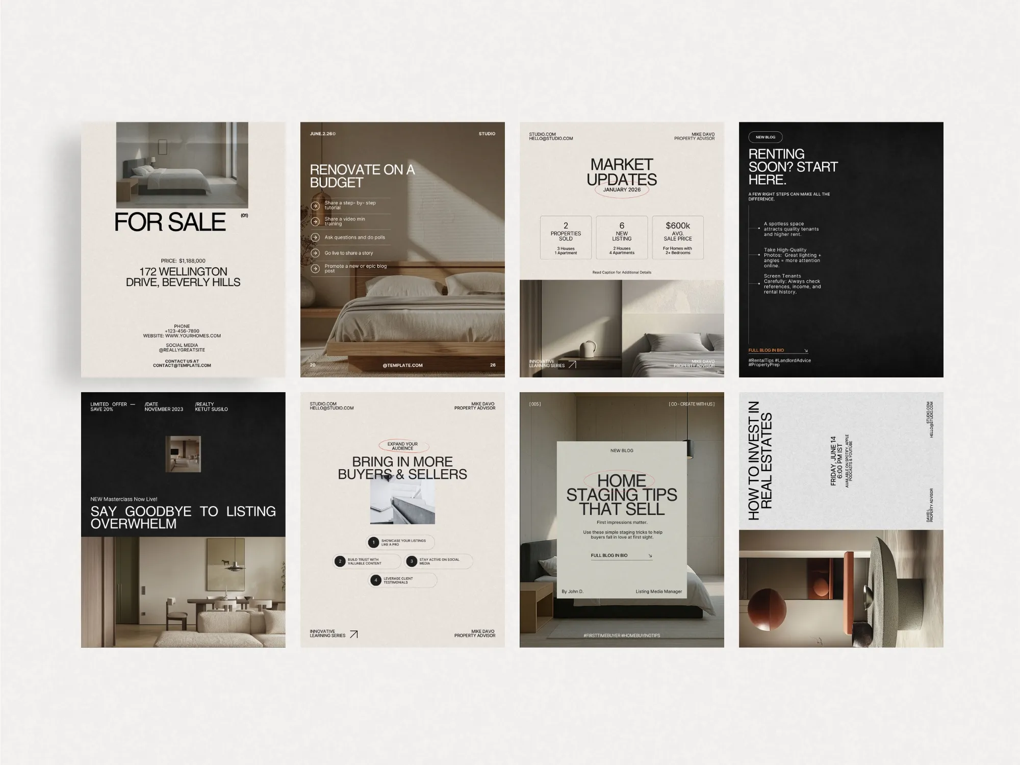 Aesthetic digital templates for real estate marketing, enabling agents and developers to create polished Instagram posts effortlessly.