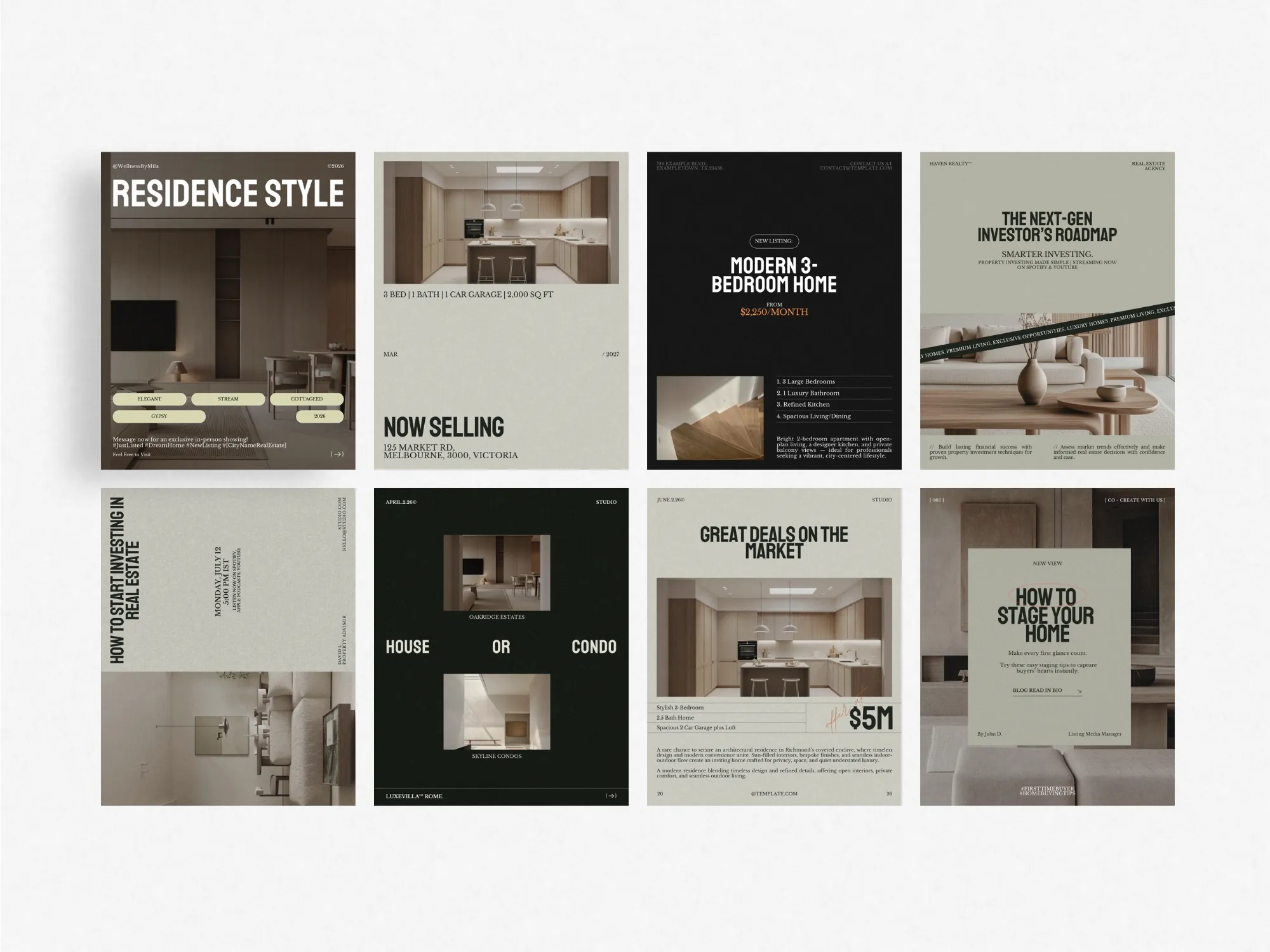 Comprehensive marketing kit for realtors, offering 120 Canva templates that enhance social media strategy and build trust with potential property buyers.