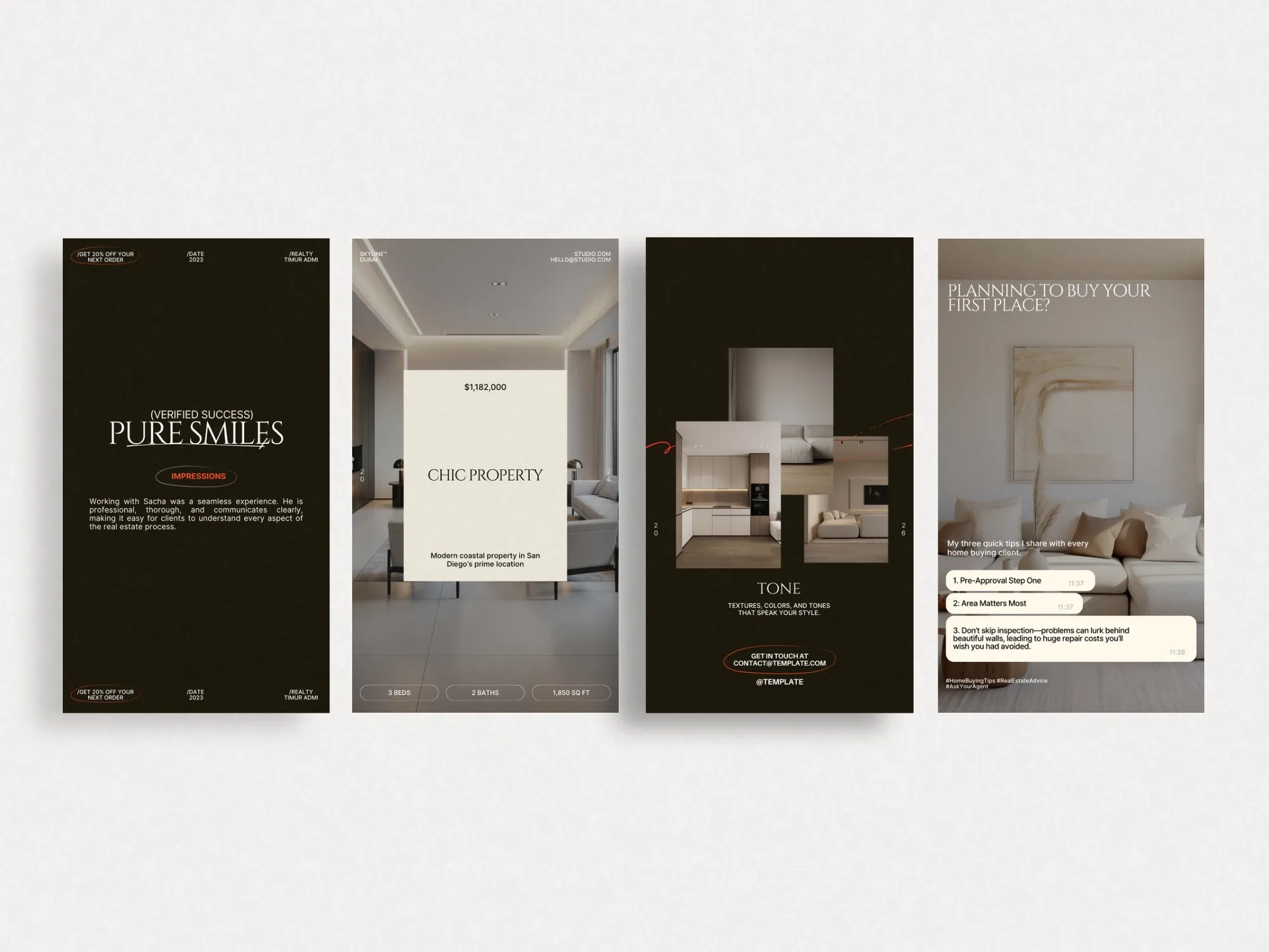 Eye-catching real estate Instagram stories crafted in Canva, designed to effectively promote listings and service details in a striking 1080x1920 PX format.