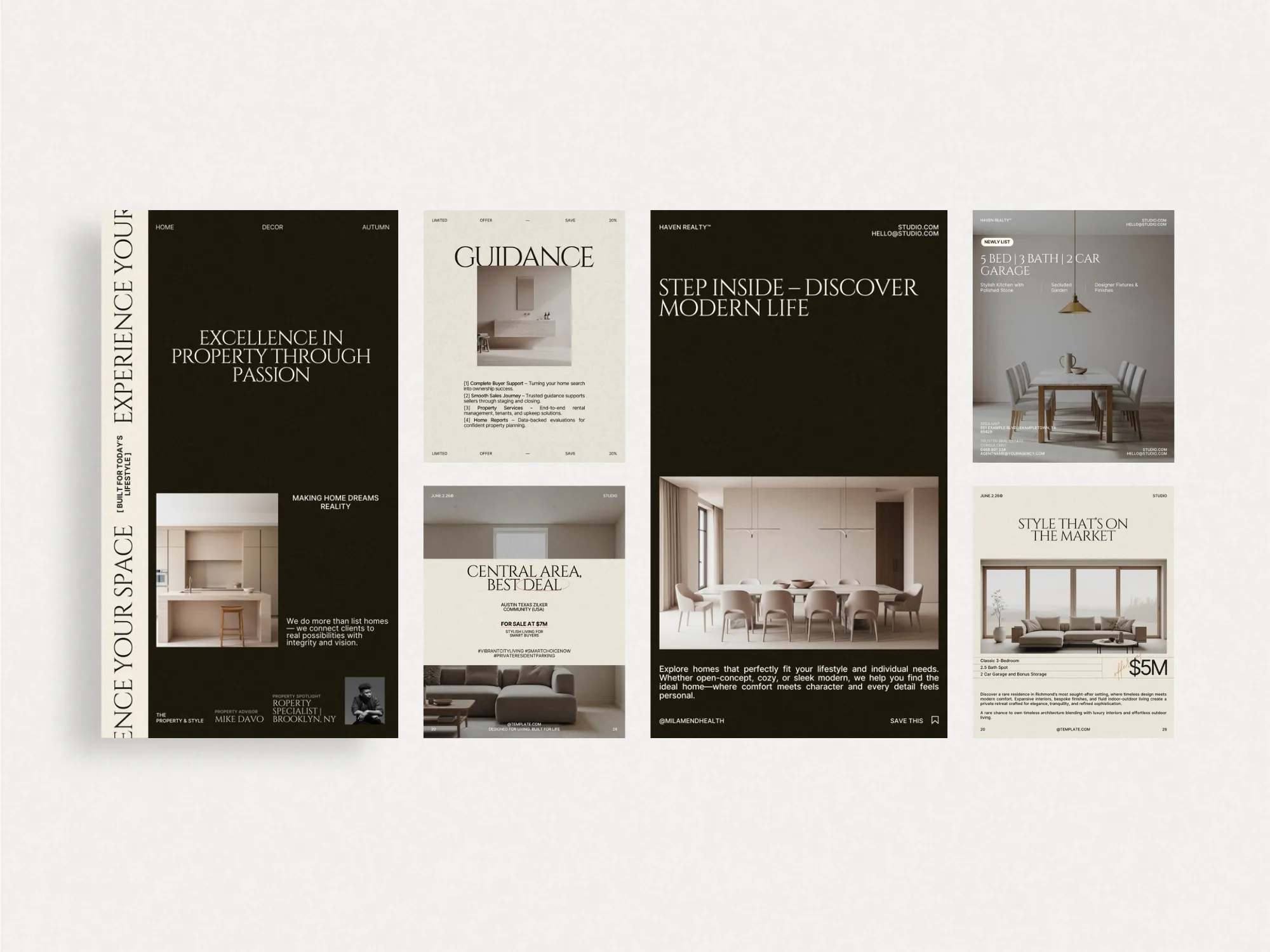 Bright and chic Canva templates for real estate posts, formatted at 1080x1350 PX, created to establish professional branding across platforms.
