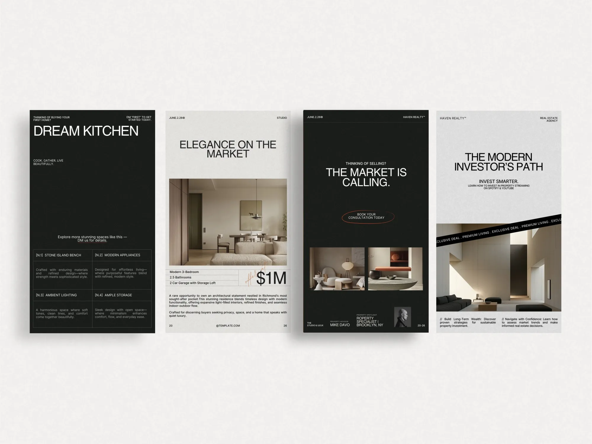 Creative Instagram story designs in 1080x1920 px for real estate professionals, enabling seamless promotion of local market updates.