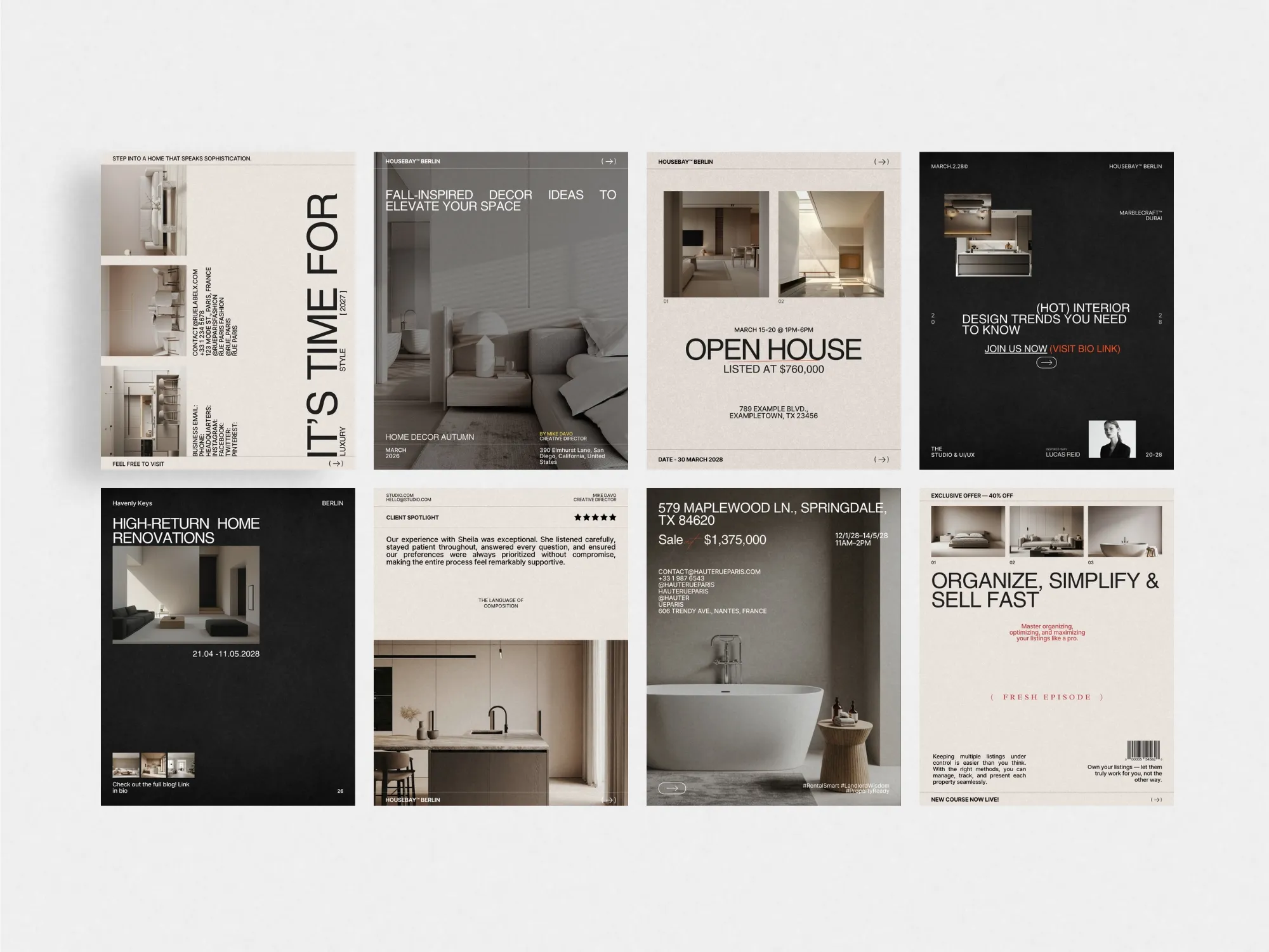 Showcase luxury listings with this sophisticated set of Instagram templates compatible with Canva, specifically for real estate marketing at 1080x1350 PX.