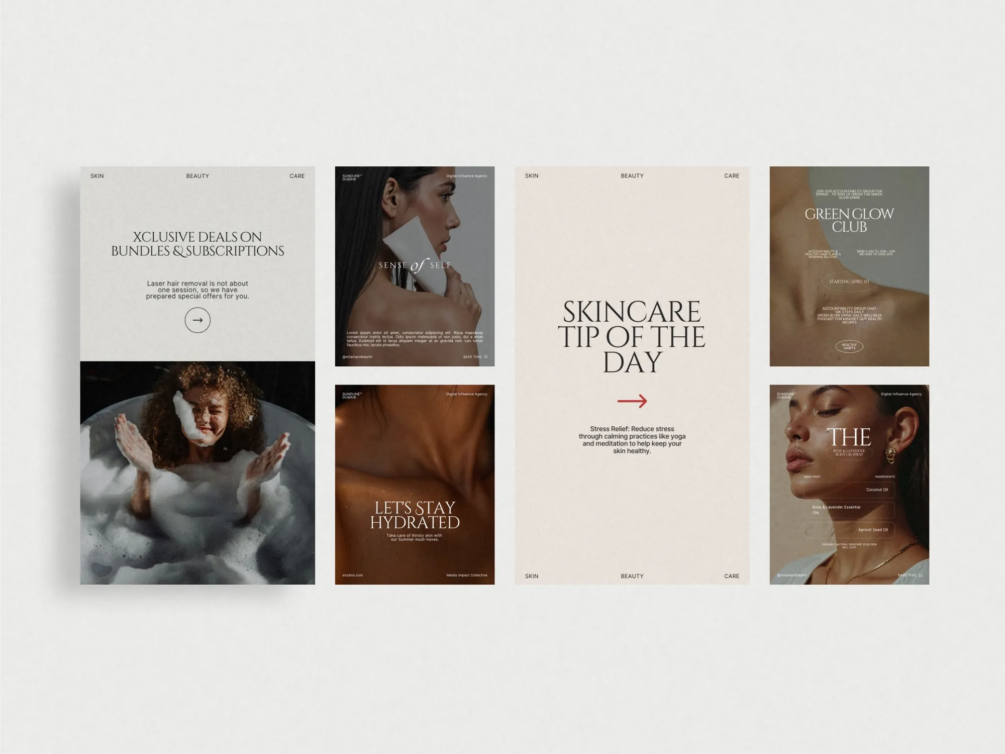 Minimalistic and professional beauty social media template focused on skincare tips, offering an aesthetic layout in 1080x1920 PX.