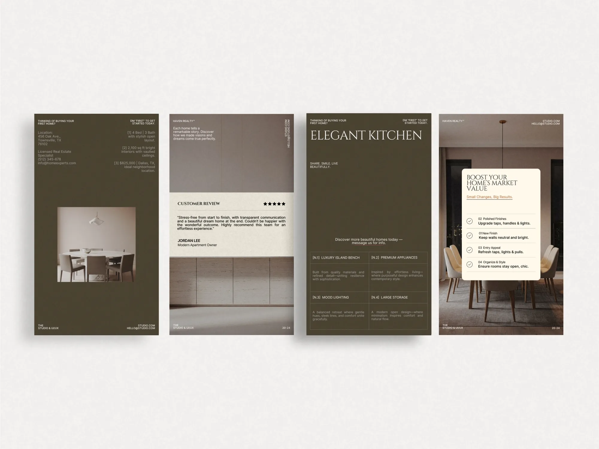 Professional real estate Instagram story templates, designed to draw attention to housing agency listings, price changes, and market research insights.