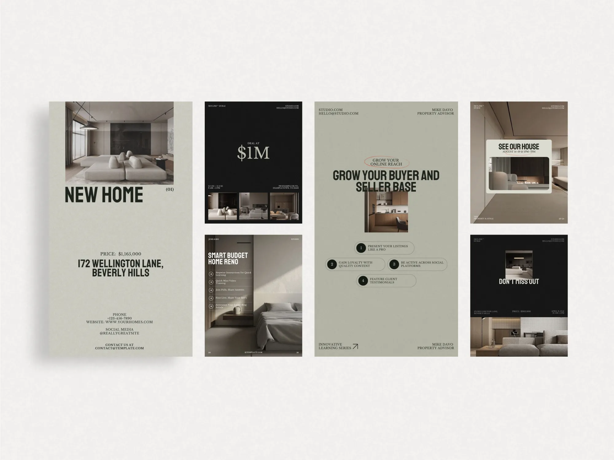 Professional and customizable Canva layouts, optimized for real estate listings in 1080x1350 PX and 1080x1920 PX formats for agents.