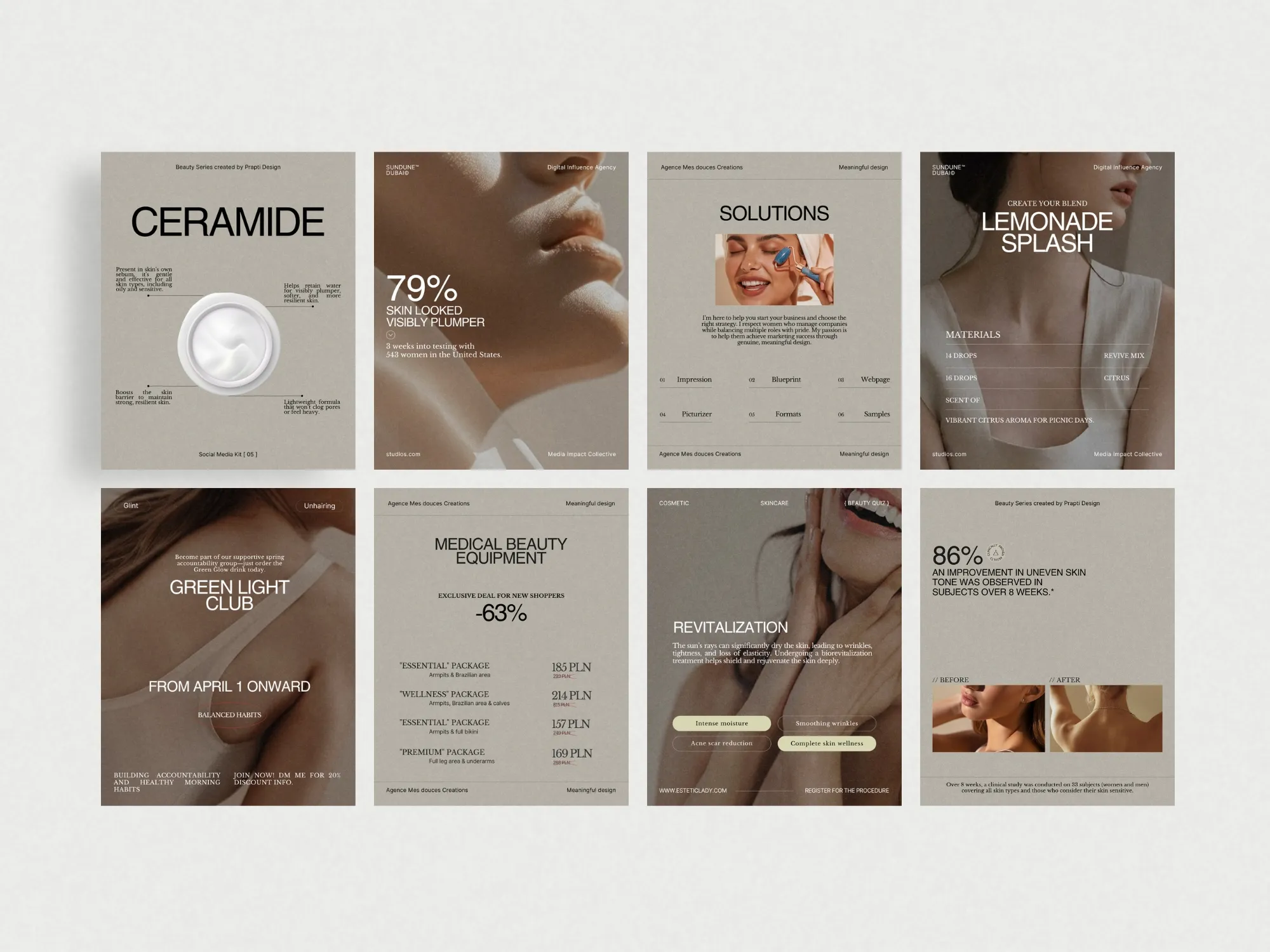 Clean and professional Canva templates for skincare brands, perfect for Instagram. Showcase results and products with a modern aesthetic.