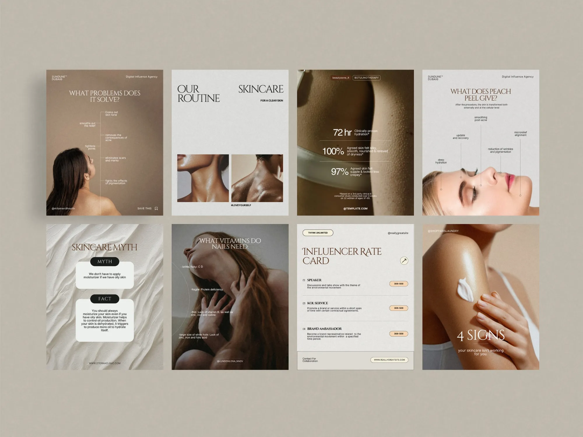 Modern and sleek social media Canva templates, designed for skincare products, facilitating captivating brand content that drives engagement.