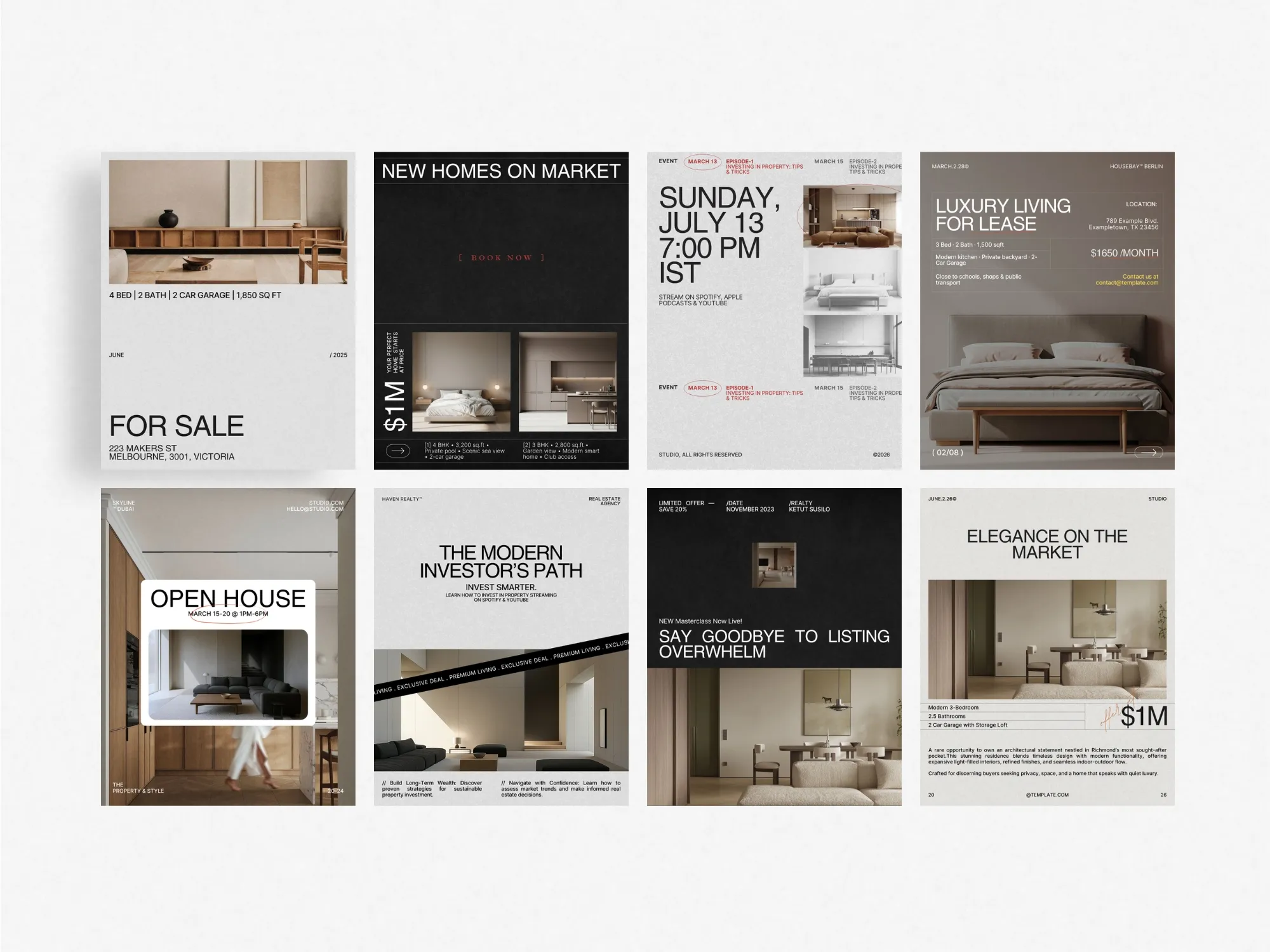 Dynamic and engaging real estate post bundle templates, perfect for capturing attention on Instagram and driving inquiries through professional layouts.