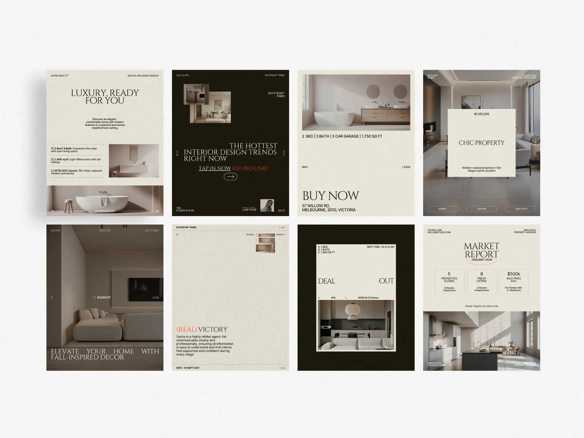 Stylish 1080x1350 pix templates provided in a bundle for seamless property marketing, fitting for real estate companies and agents.