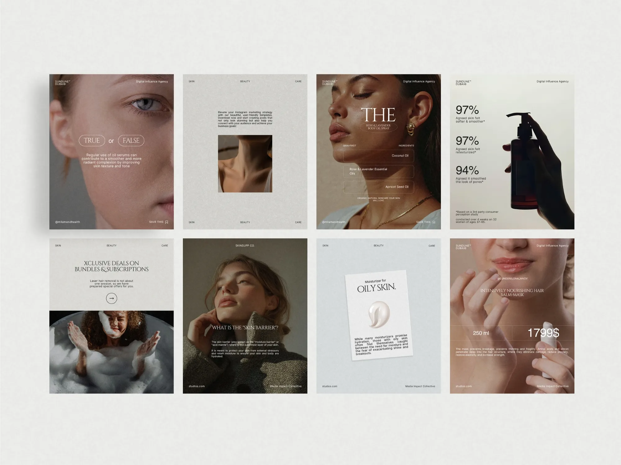 Customizable beauty social media Canva templates, designed for skincare brands to produce stunning Instagram content effortlessly.
