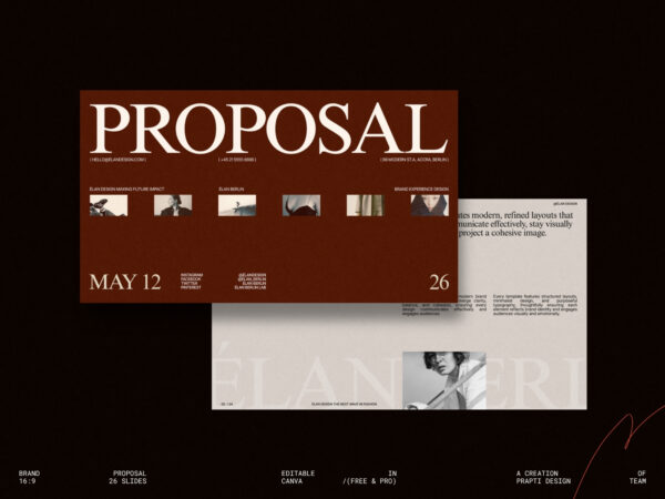Professional Canva brand proposal template showcasing 26 clean slides for startups and agencies to present ideas effectively.