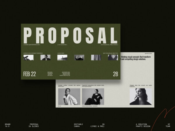 Sleek Canva brand proposal template featuring modern slides designed for professional business presentations.