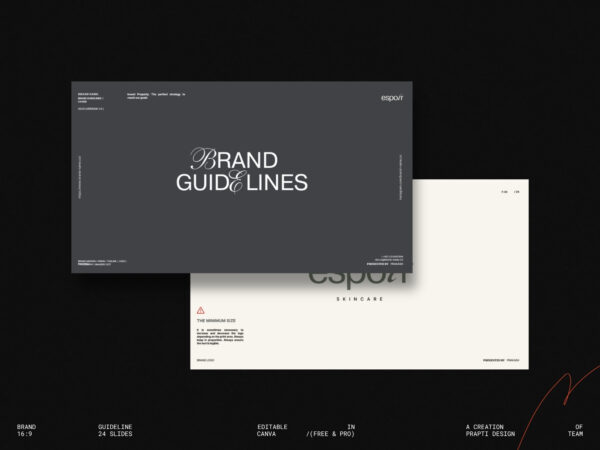 Sleek brand guidelines presentation template featuring organized sections for visual identity and voice within Canva, ideal for professional brands.