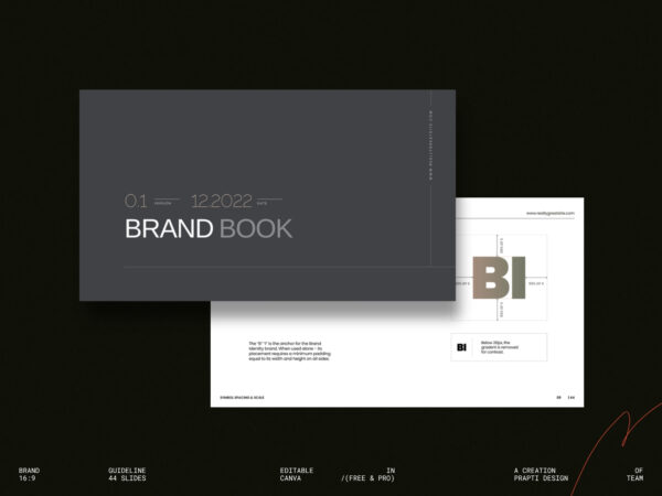 Professional brand guidelines presentation template featuring 44 customizable Canva slides, ensuring visual consistency for businesses.