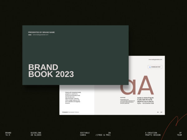Sophisticated Canva brand book slides showcasing structured layout for consistent brand messaging and visual identity.